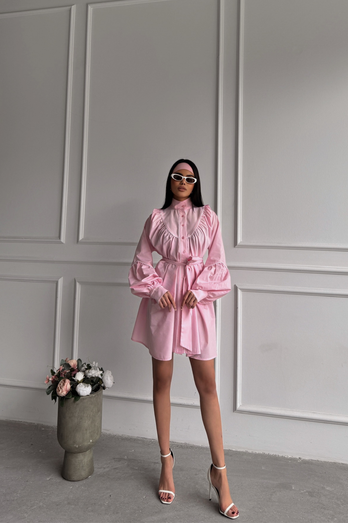 ÖNDEN DÜĞMELİ POPLİN KLOŞ ELBİSE BAĞLAMA KEMER DETAYLI - Pembe