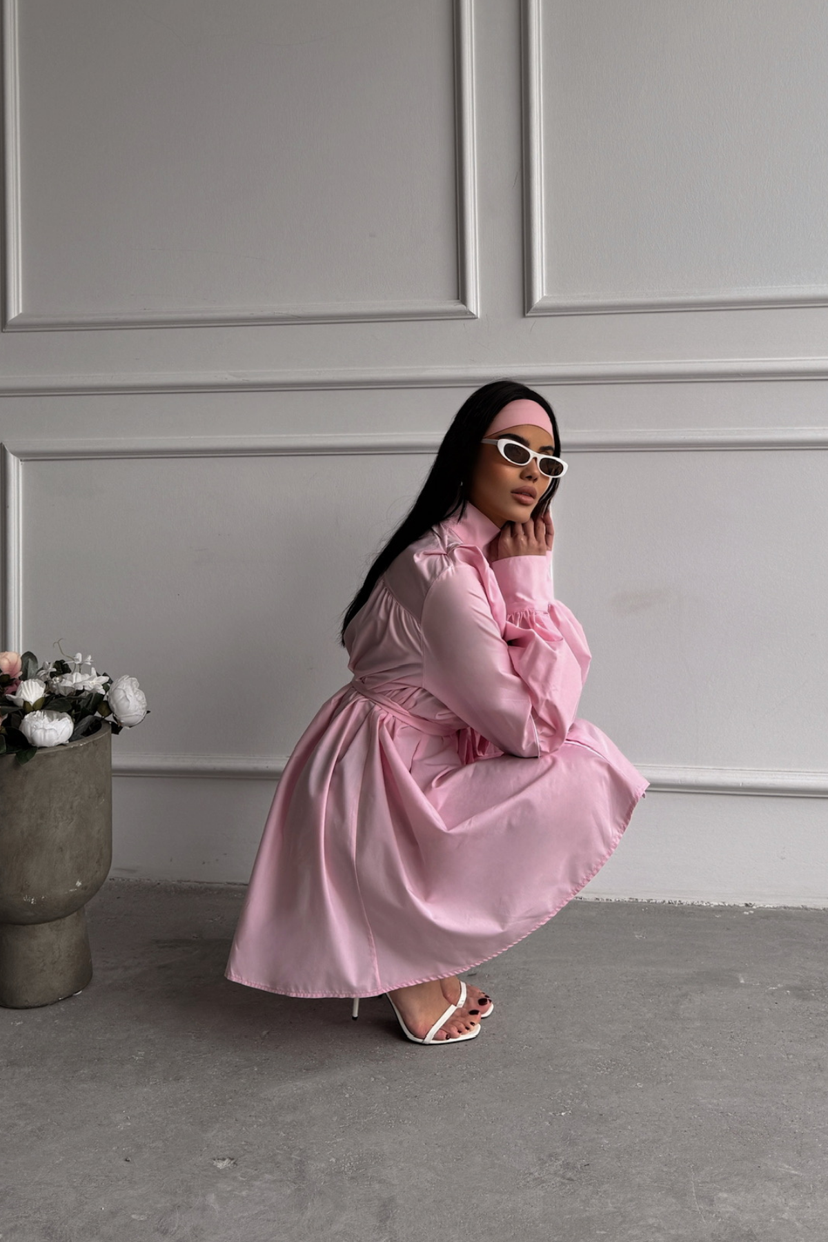 ÖNDEN DÜĞMELİ POPLİN KLOŞ ELBİSE BAĞLAMA KEMER DETAYLI - Pembe