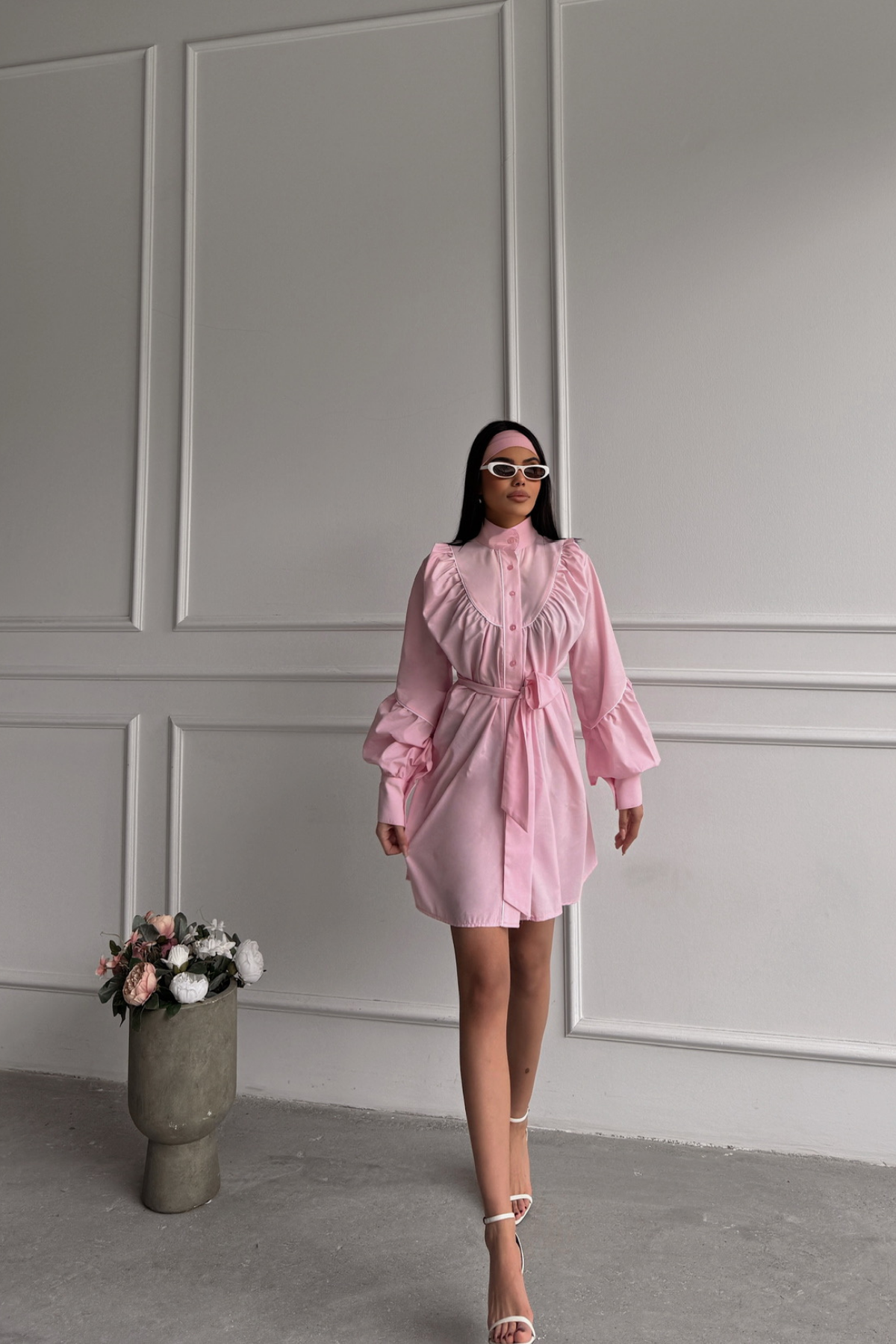 ÖNDEN DÜĞMELİ POPLİN KLOŞ ELBİSE BAĞLAMA KEMER DETAYLI - Pembe