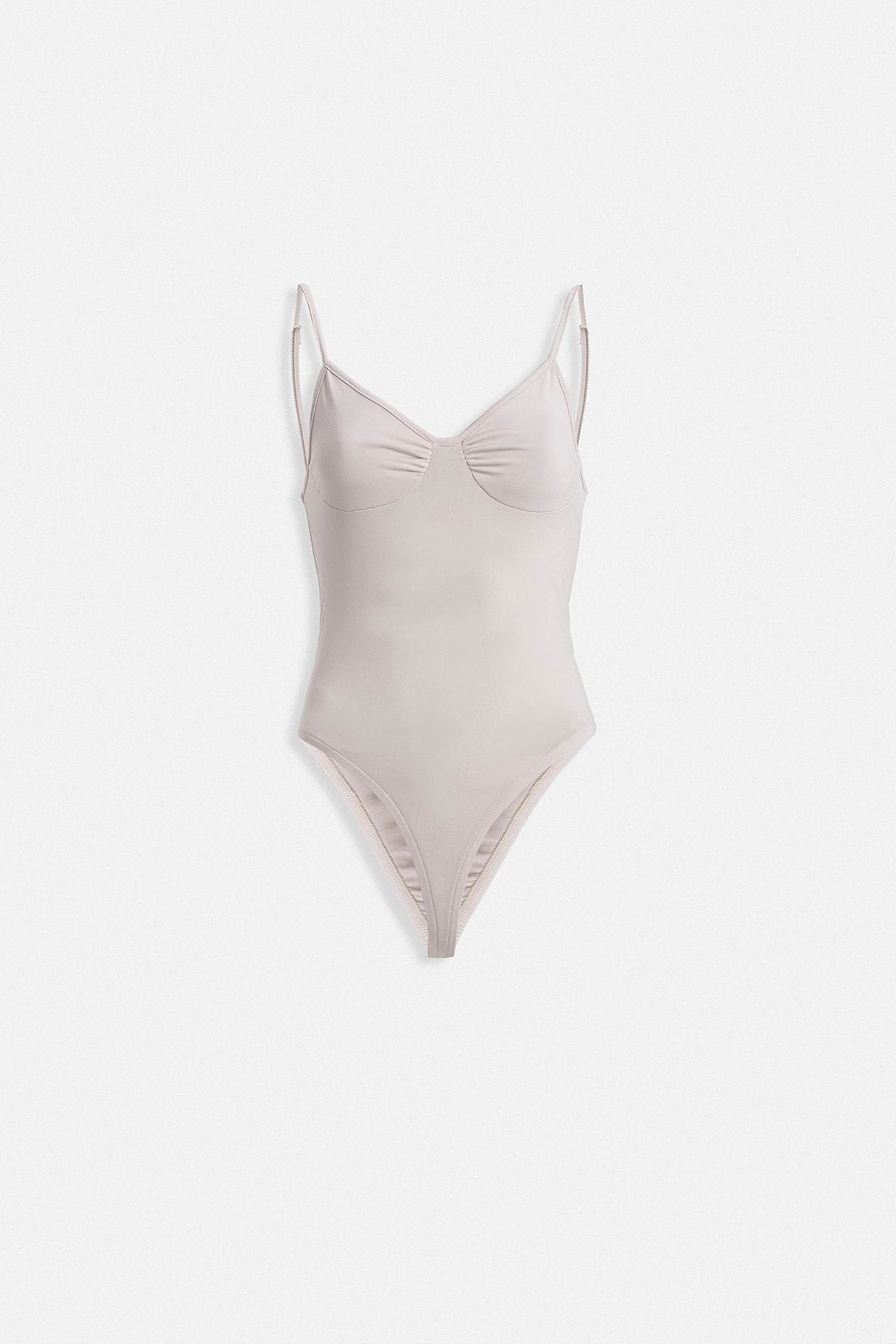 Önü Büzgülü Askılı Bodysuit - Bej