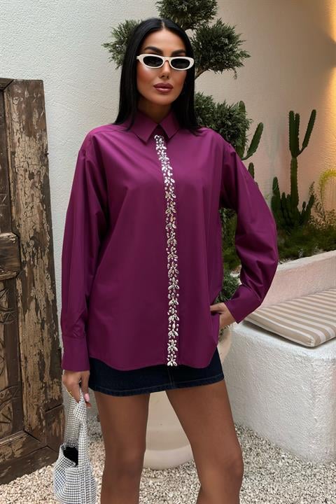 Önü Şerit Taşlı Gömlek 3448 BORDO L