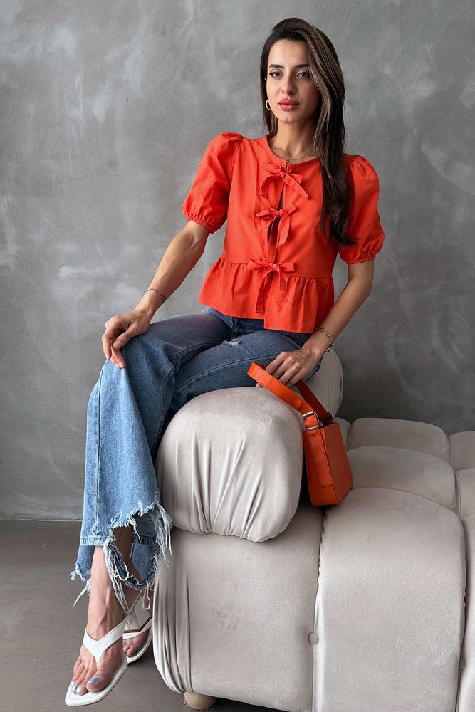 Topshow Oranj Önden Bağlamalı Poplin Toptan Bluz