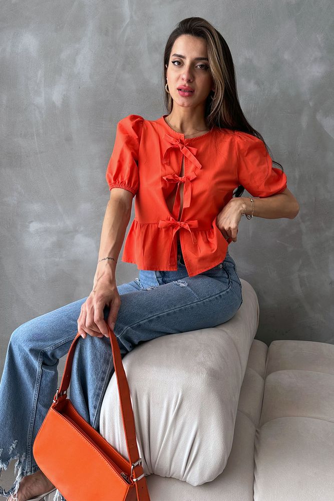Topshow Oranj Önden Bağlamalı Poplin Toptan Bluz
