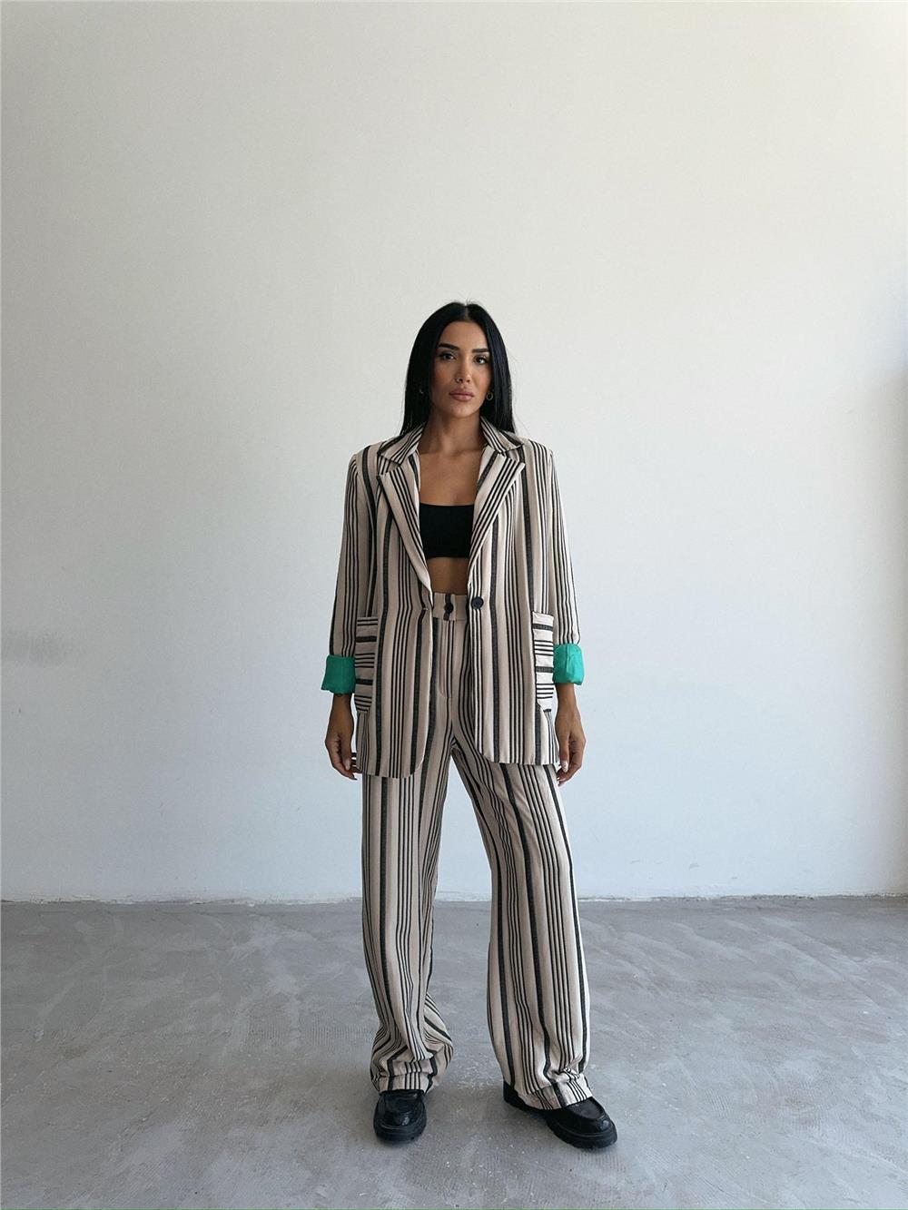 OTTOMAN ÇİZGİLİ CEKET-PANTOLON TK - Bej