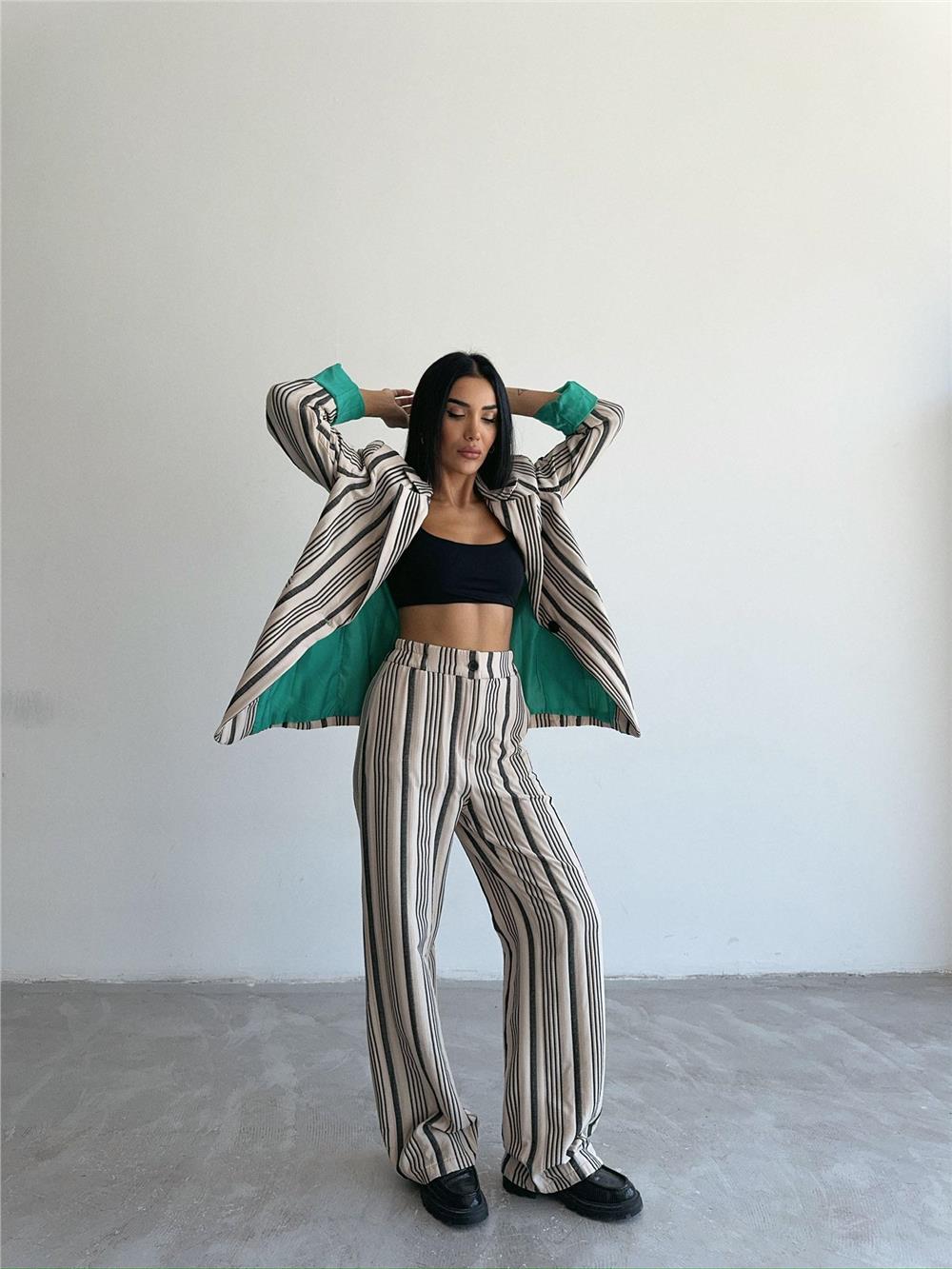 OTTOMAN ÇİZGİLİ CEKET-PANTOLON TK - Bej