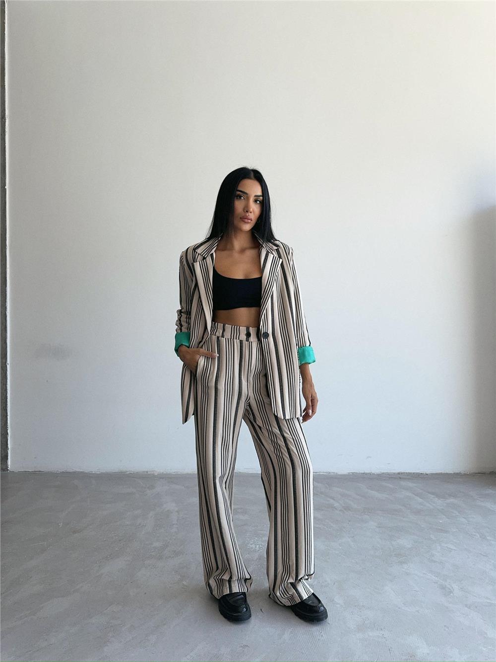 OTTOMAN ÇİZGİLİ CEKET-PANTOLON TK - Bej