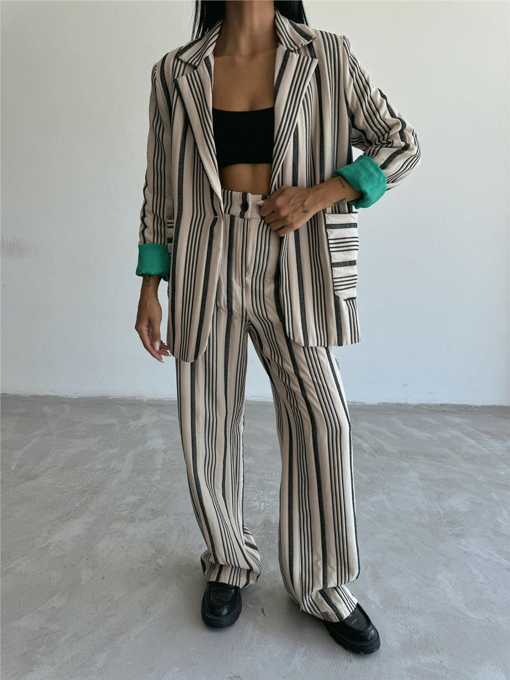 OTTOMAN ÇİZGİLİ CEKET-PANTOLON TK - Bej