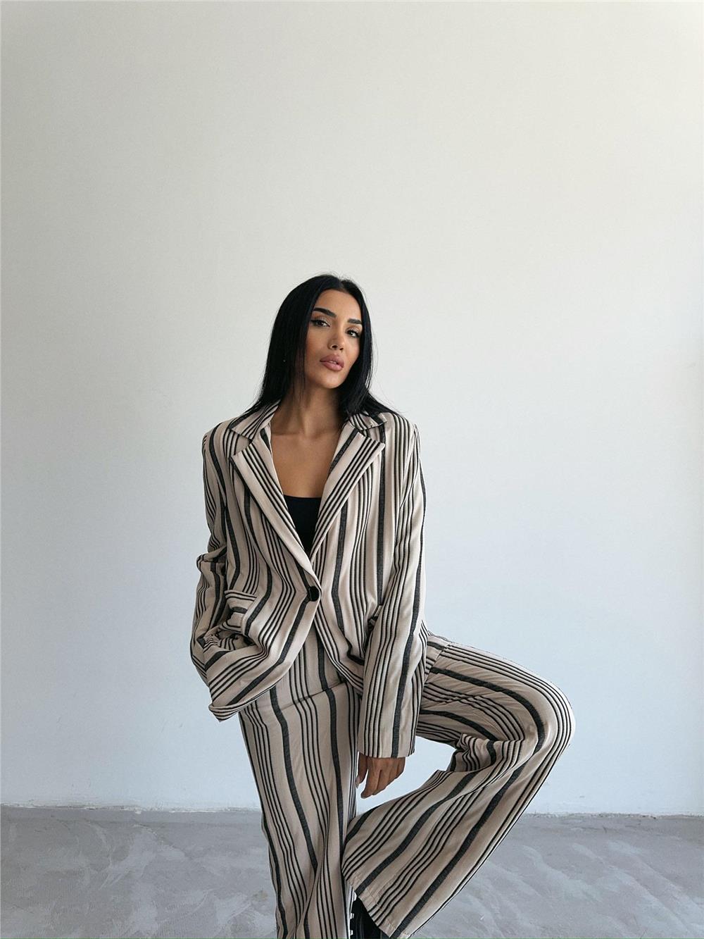 OTTOMAN ÇİZGİLİ CEKET-PANTOLON TK - Bej