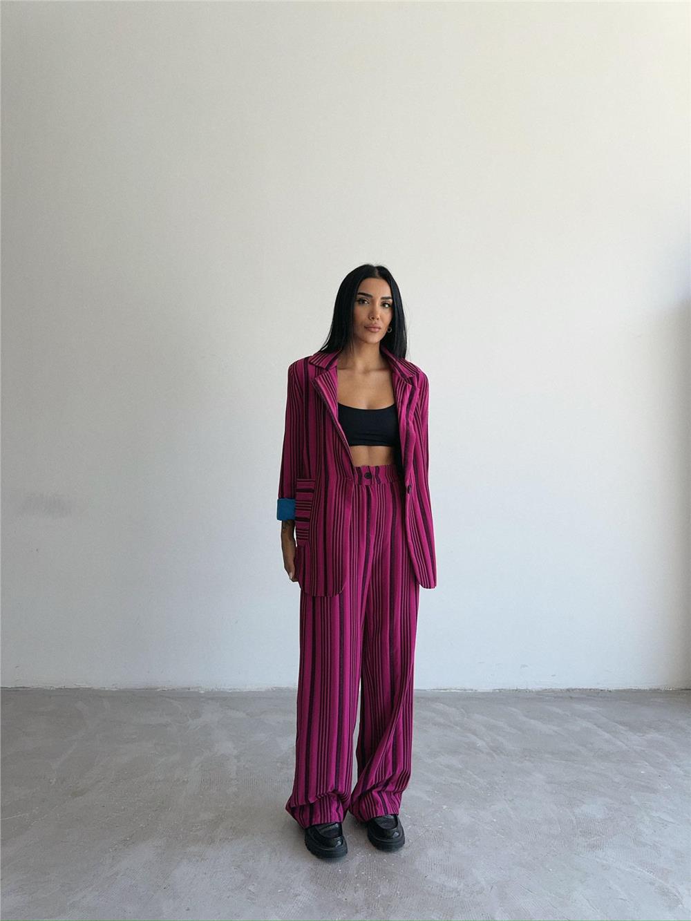 OTTOMAN ÇİZGİLİ CEKET-PANTOLON TK - Fuşya