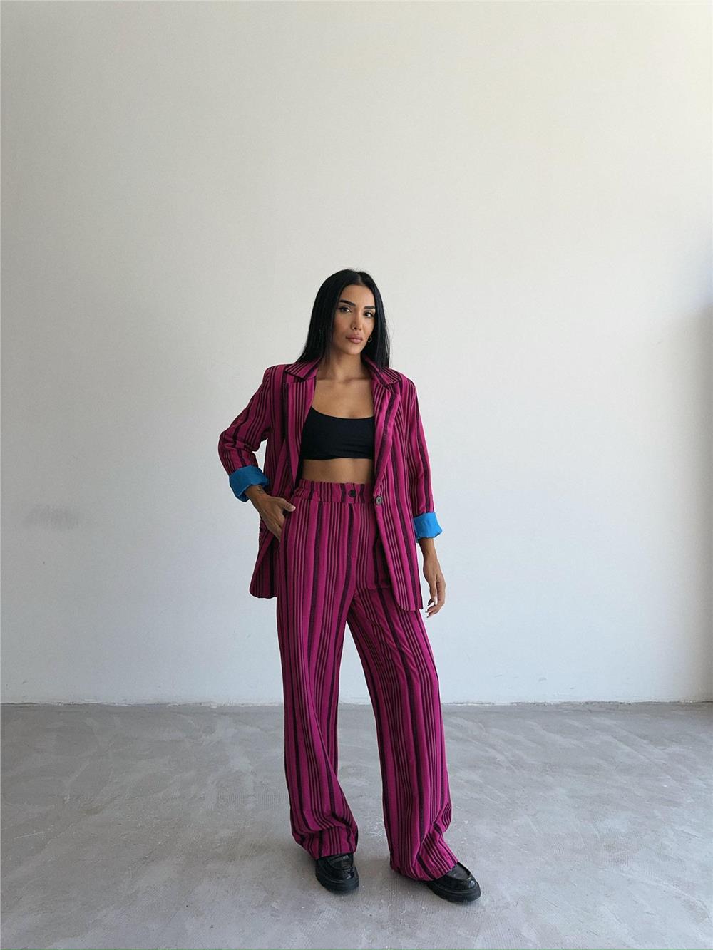 OTTOMAN ÇİZGİLİ CEKET-PANTOLON TK - Fuşya
