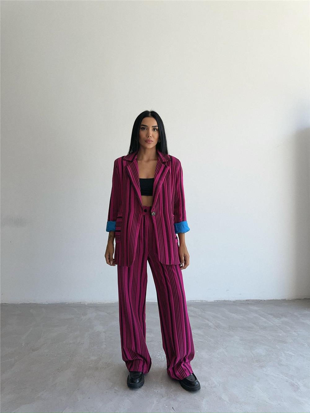 OTTOMAN ÇİZGİLİ CEKET-PANTOLON TK - Fuşya