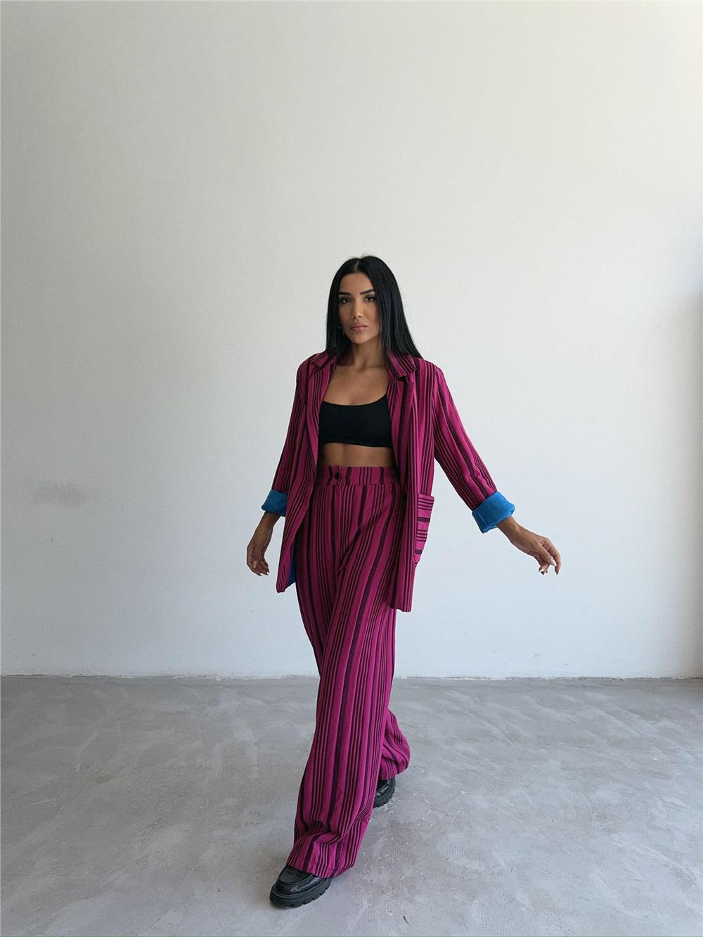 OTTOMAN ÇİZGİLİ CEKET-PANTOLON TK - Fuşya