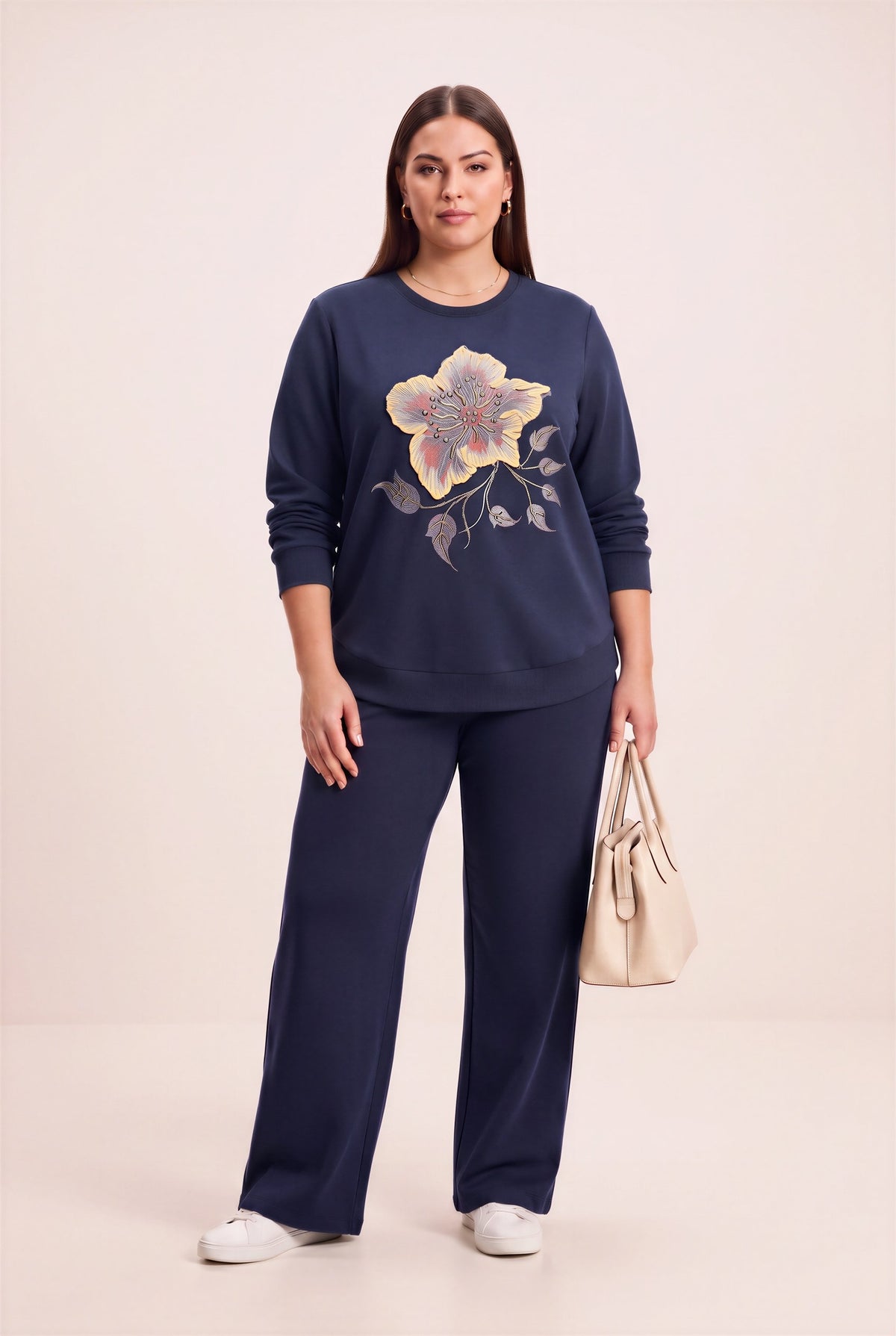 Özel Baskı Detaylı Büyük Beden Örme Modal Sweatshirt Lacivert