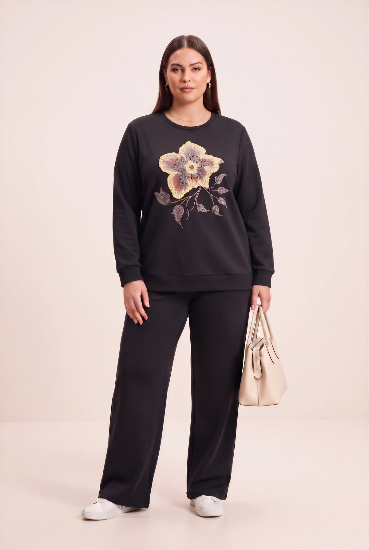Özel Baskı Detaylı Büyük Beden Örme Modal Sweatshirt Siyah