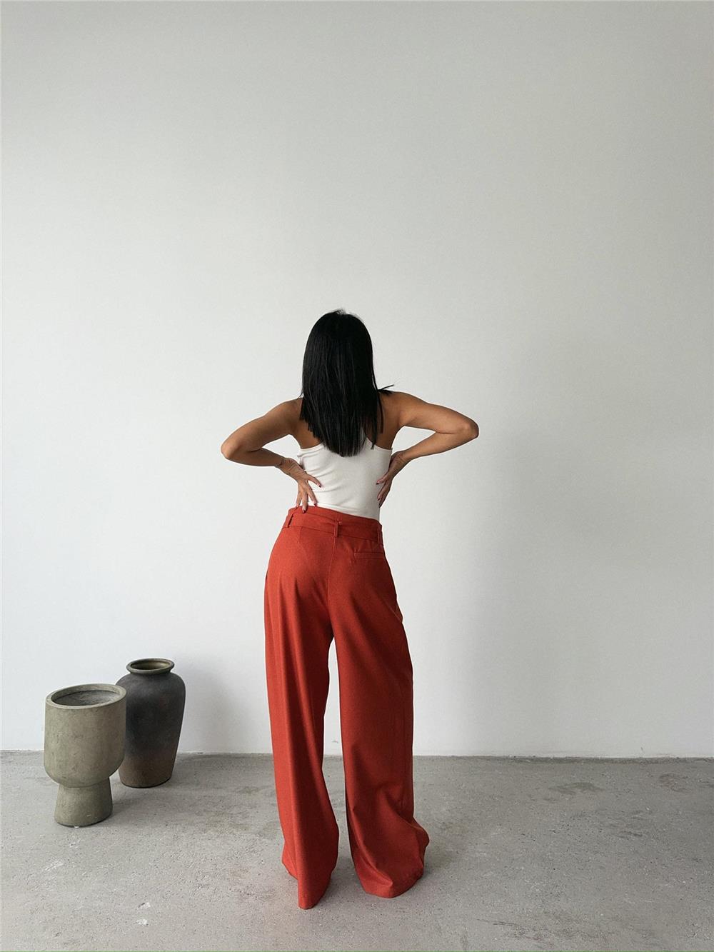 PALAZZO PANTOLON KUMAŞ KEMER DETAYLI - Kiremit