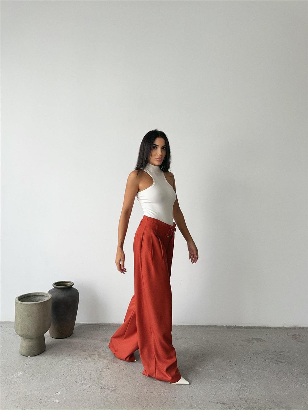 PALAZZO PANTOLON KUMAŞ KEMER DETAYLI - Kiremit