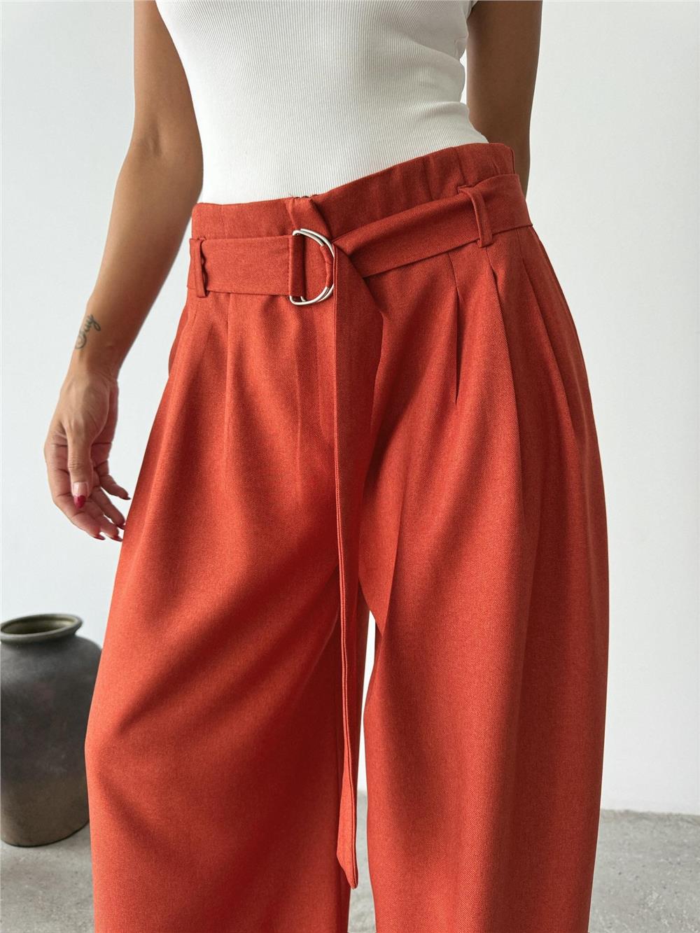 PALAZZO PANTOLON KUMAŞ KEMER DETAYLI - Kiremit