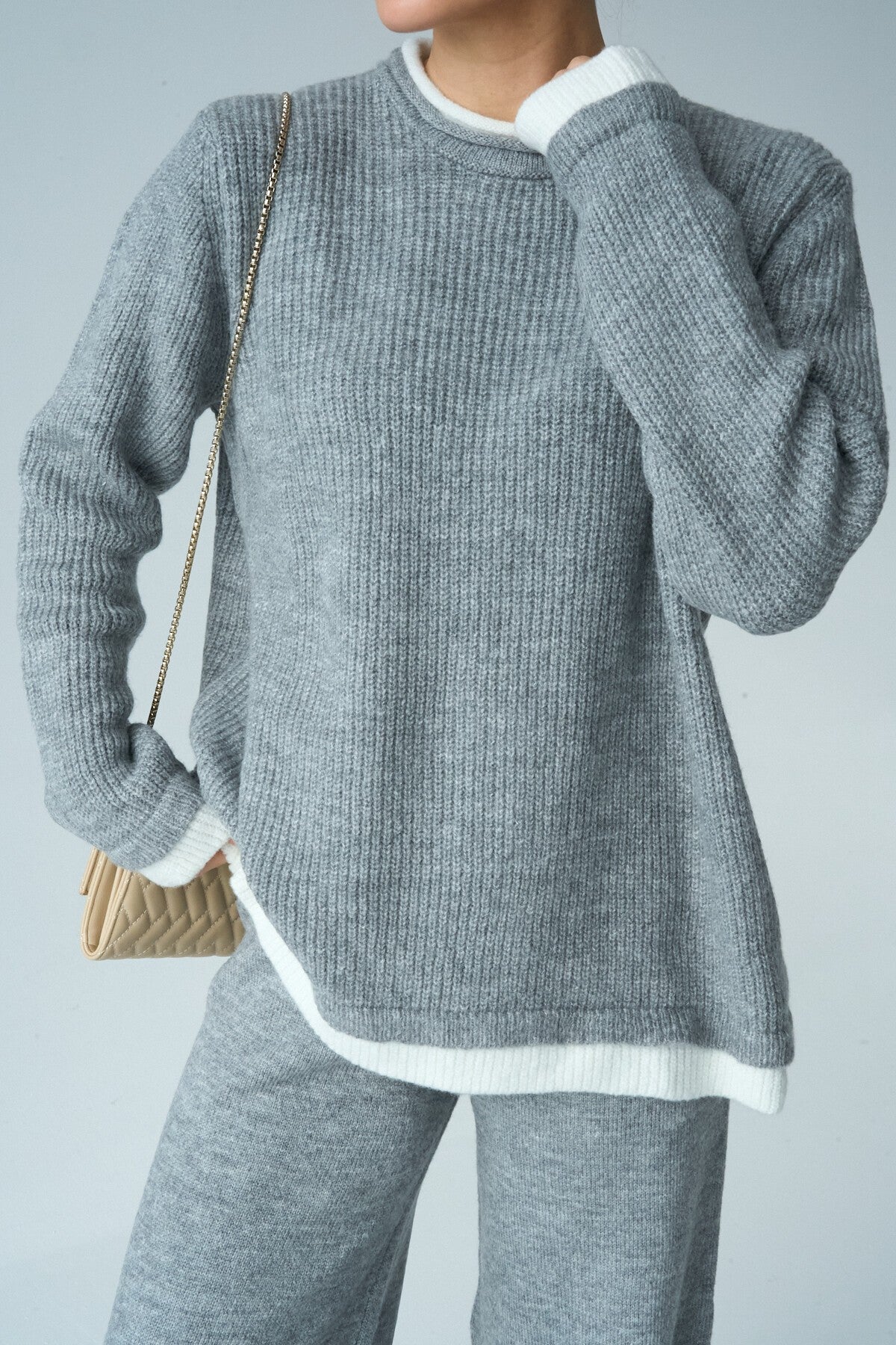 Knitted Two-Piece Set with Gray-Bone Pants
