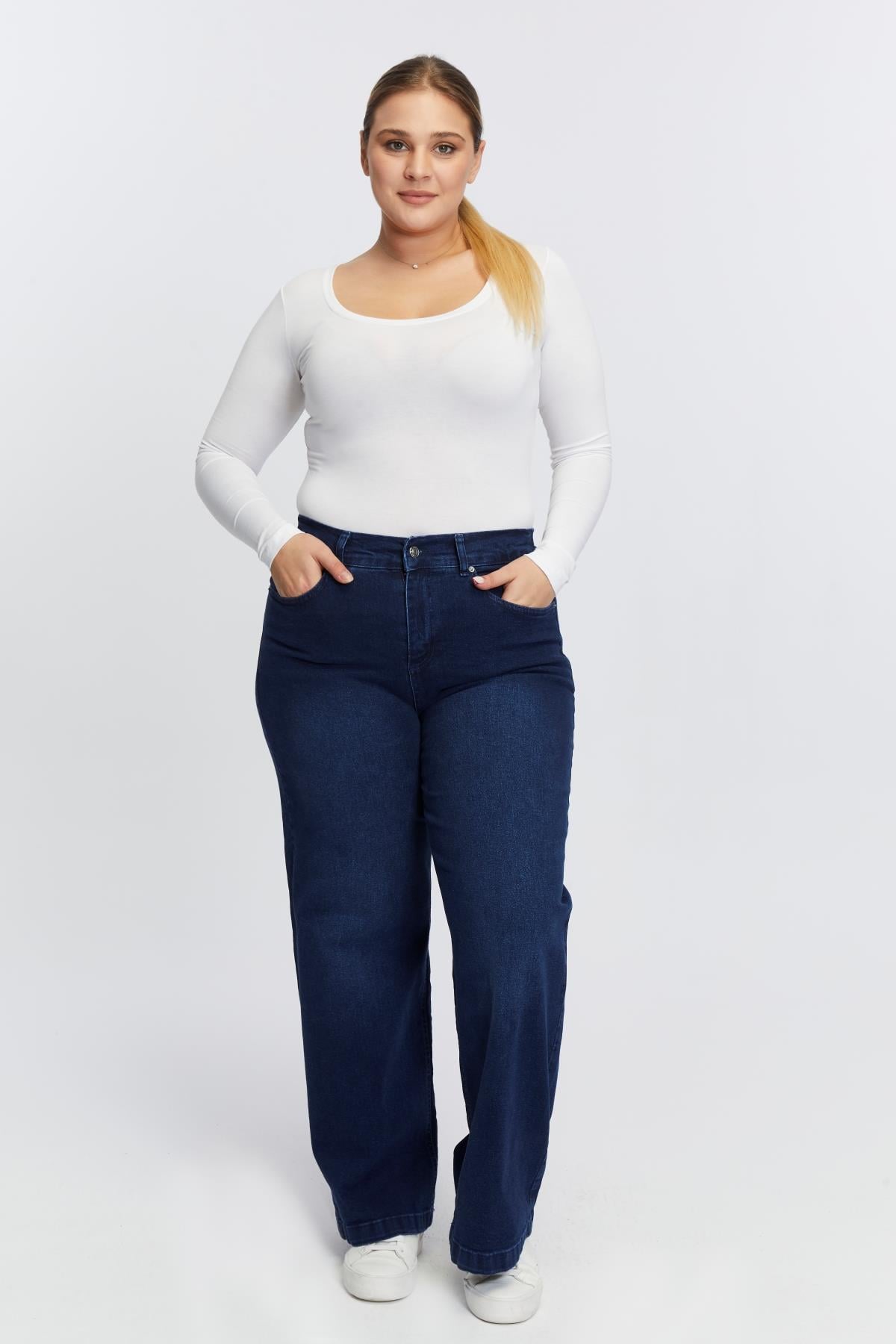 Beli Lastikli Bol Paça Büyük Beden Kot Pantolon Lacivert