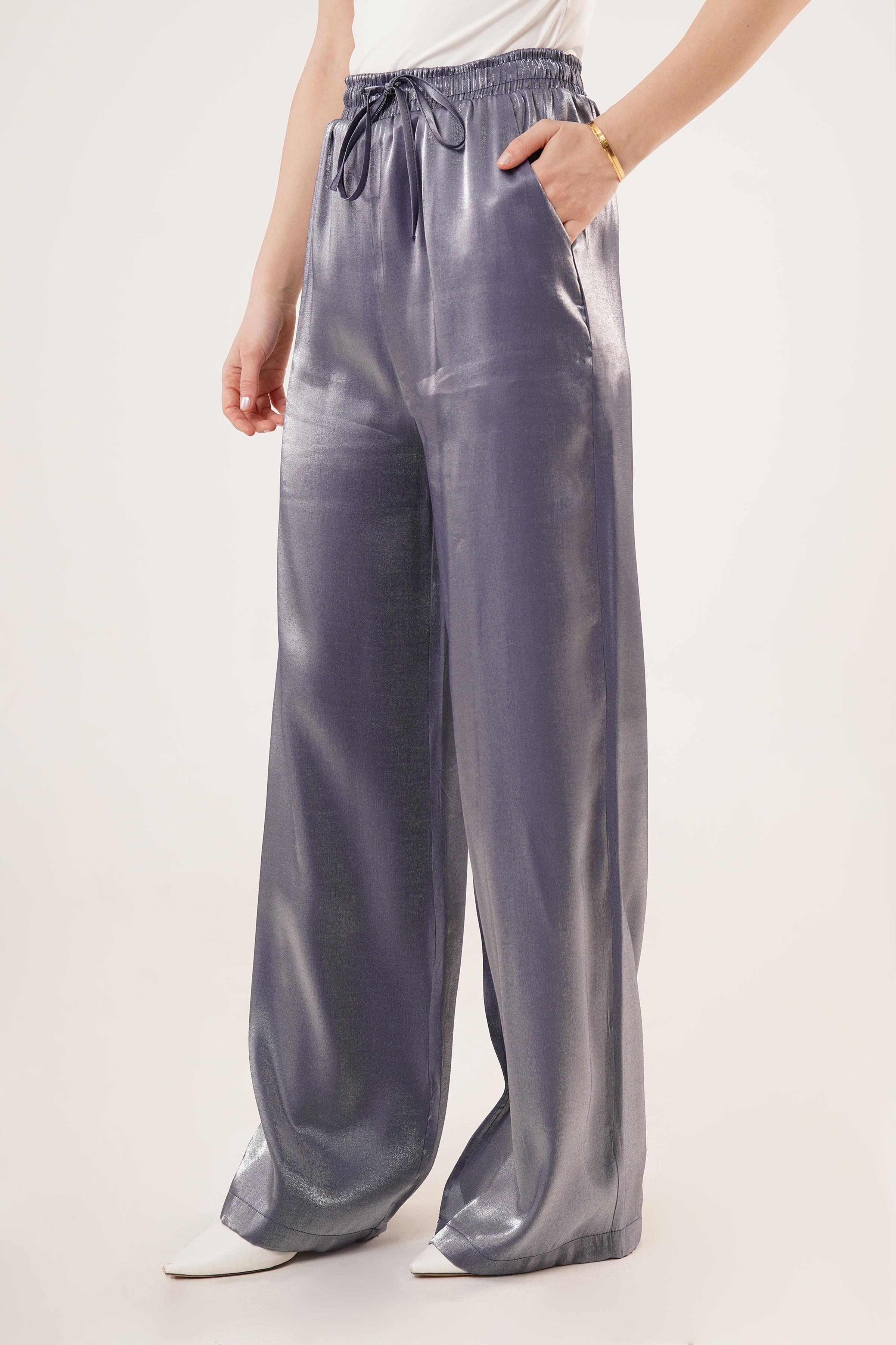 Parlak Görünümlü Cepli Mor Bol Paça Toptan Pantolon