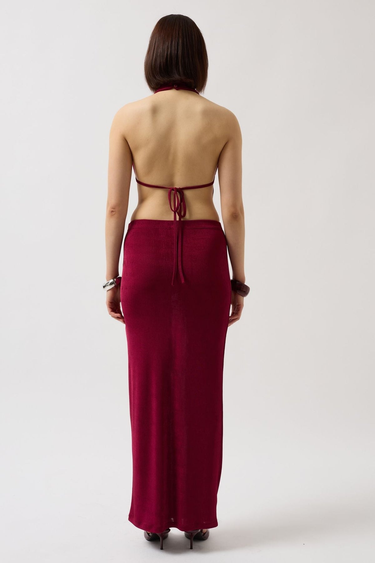 Parlak Kumaş Maxi Etek - Bordo
