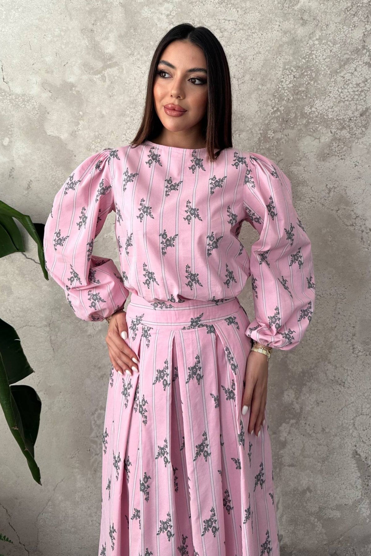 Pembe Çizgili Çiçekli Bluz Etek Takım