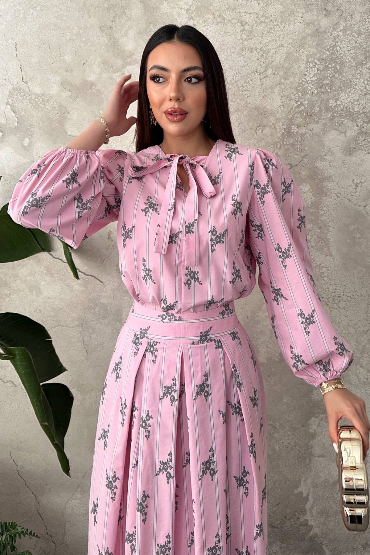 Pembe Çizgili Çiçekli Bluz Etek Takım