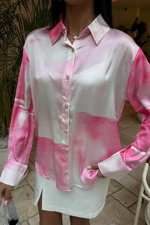 Pembe Geçişli Saten Gömlek 3439