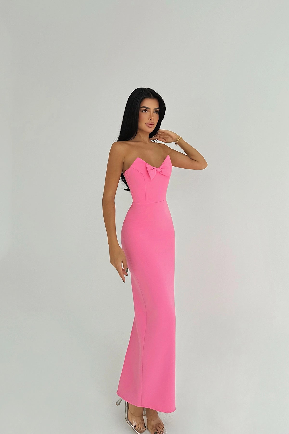 Pembe Fiyonk Detay Straplez Elbise XS