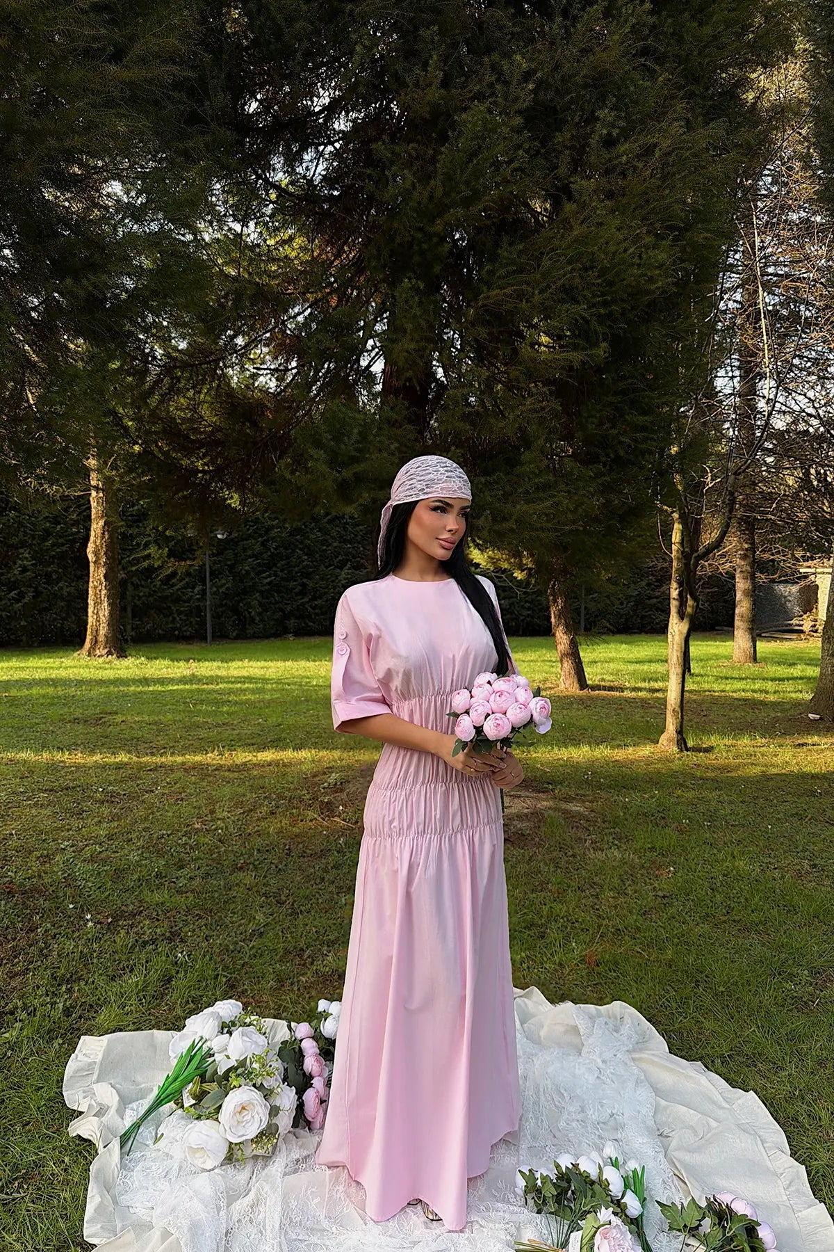 Pembe Volant Uzun Elbise
