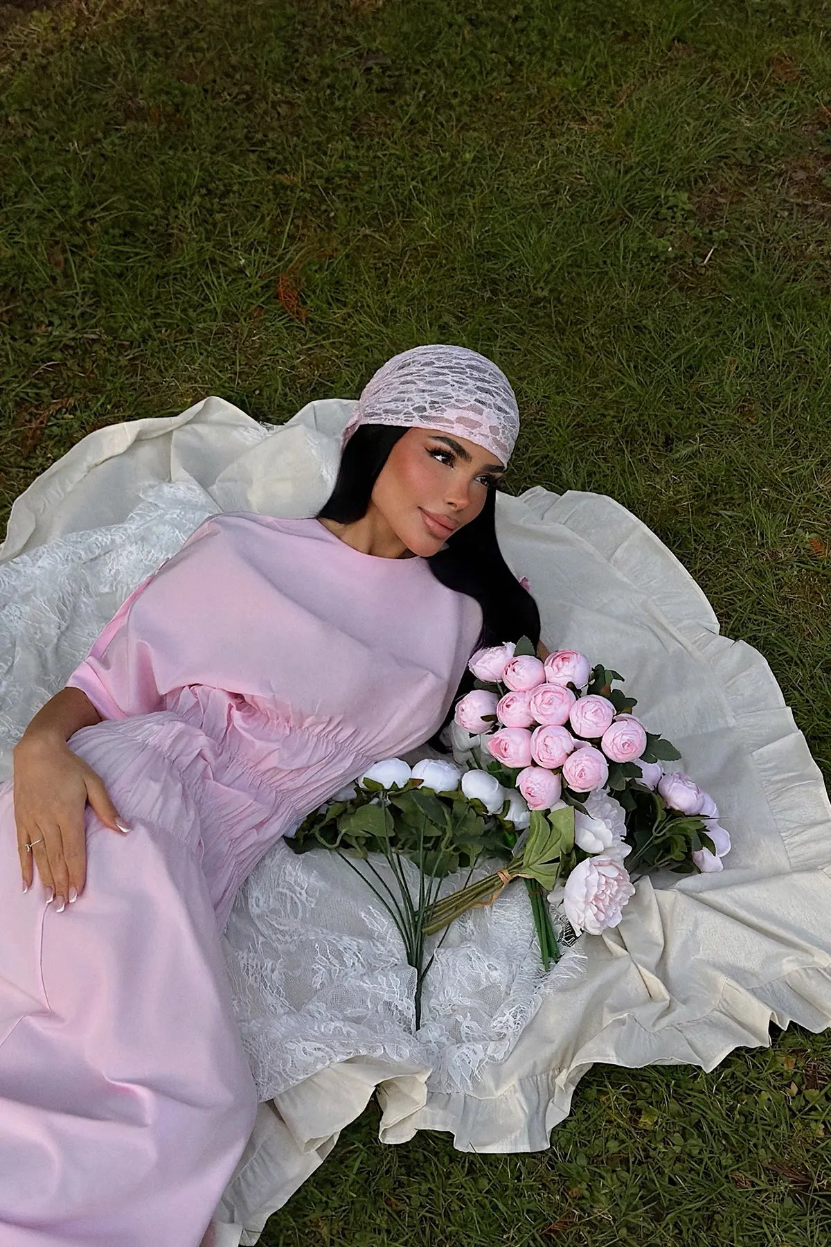 Pembe Volant Uzun Elbise