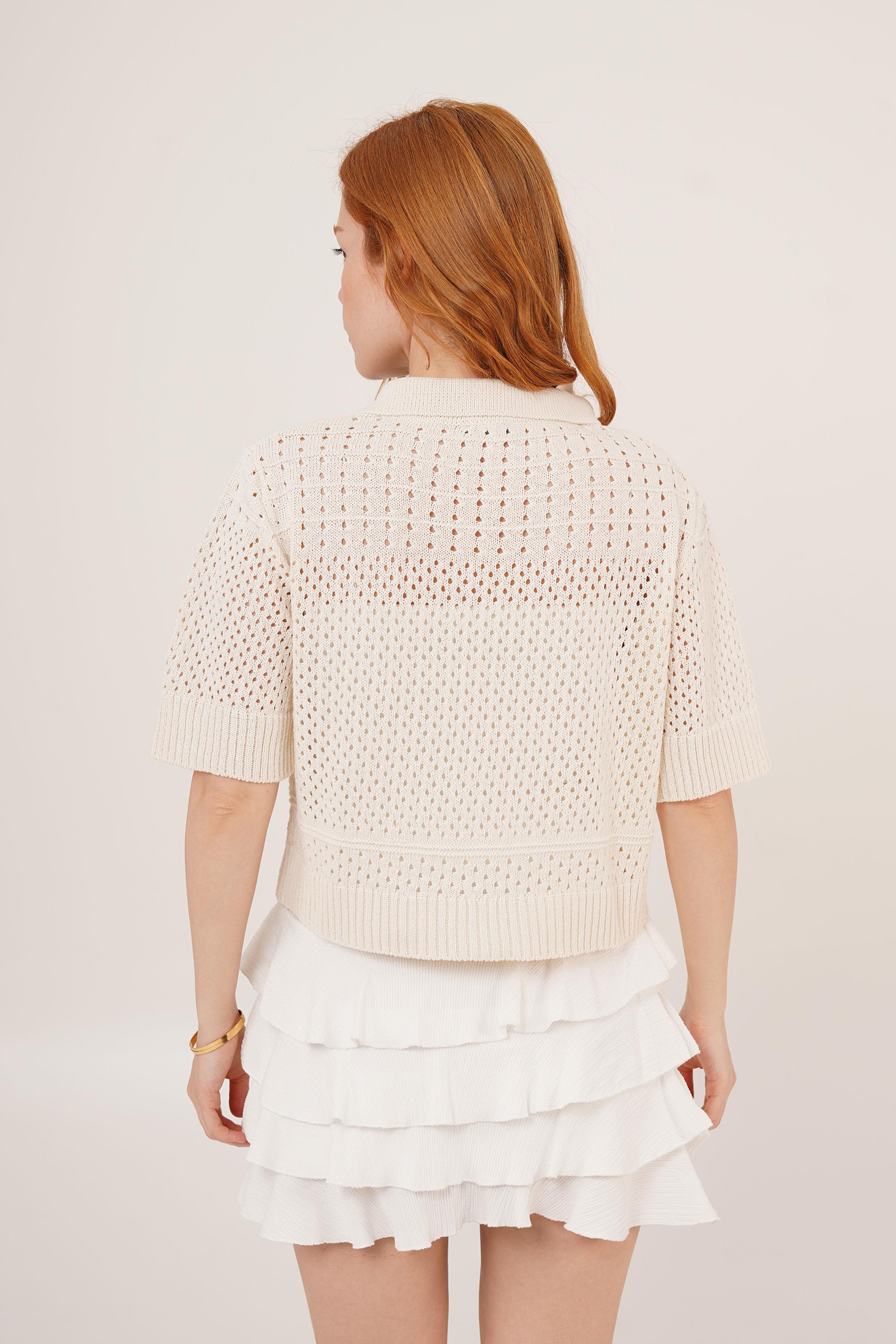 Polo Yaka Ajurlu Ekru Toptan Bluz