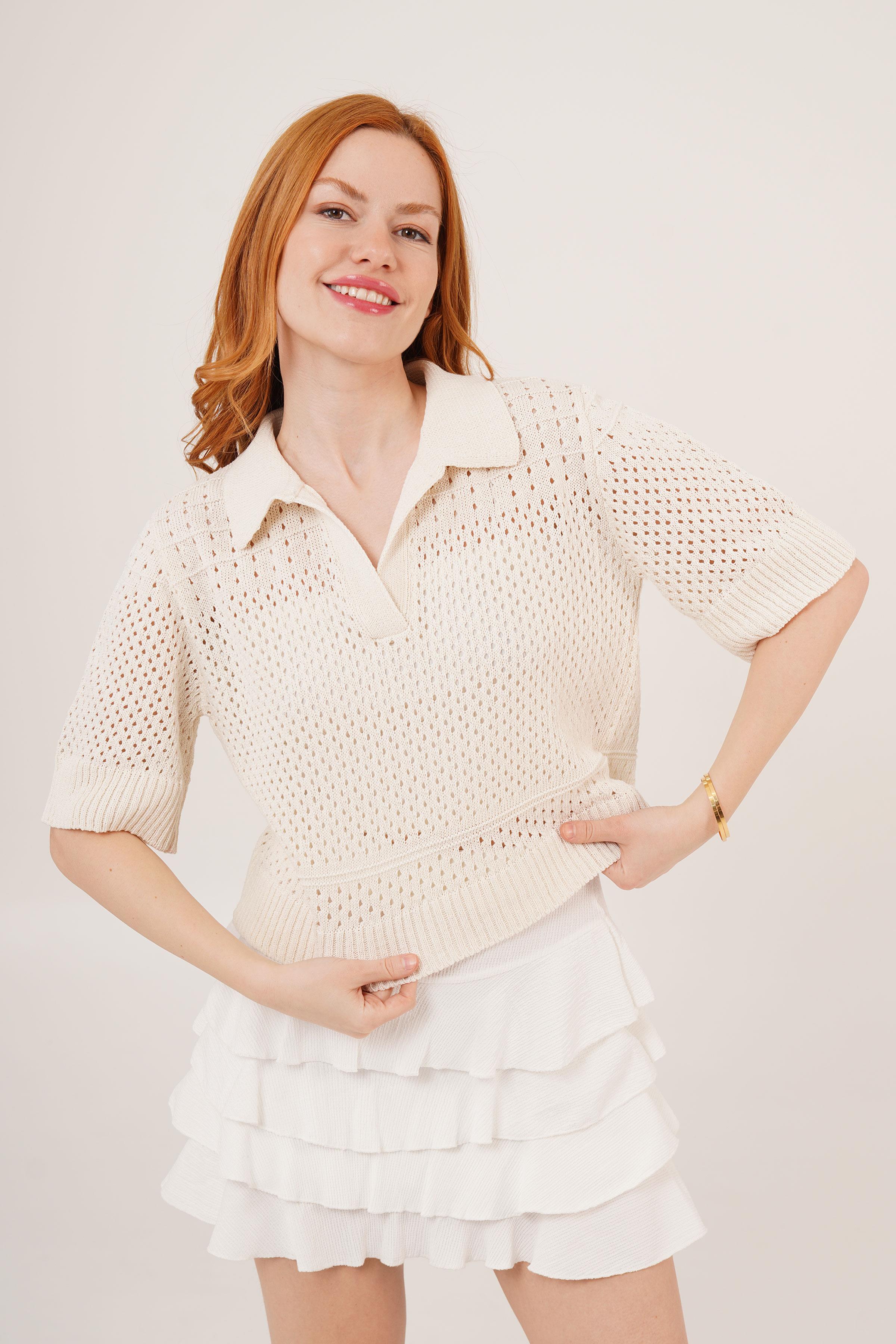 Polo Yaka Ajurlu Ekru Toptan Bluz Ekru STD