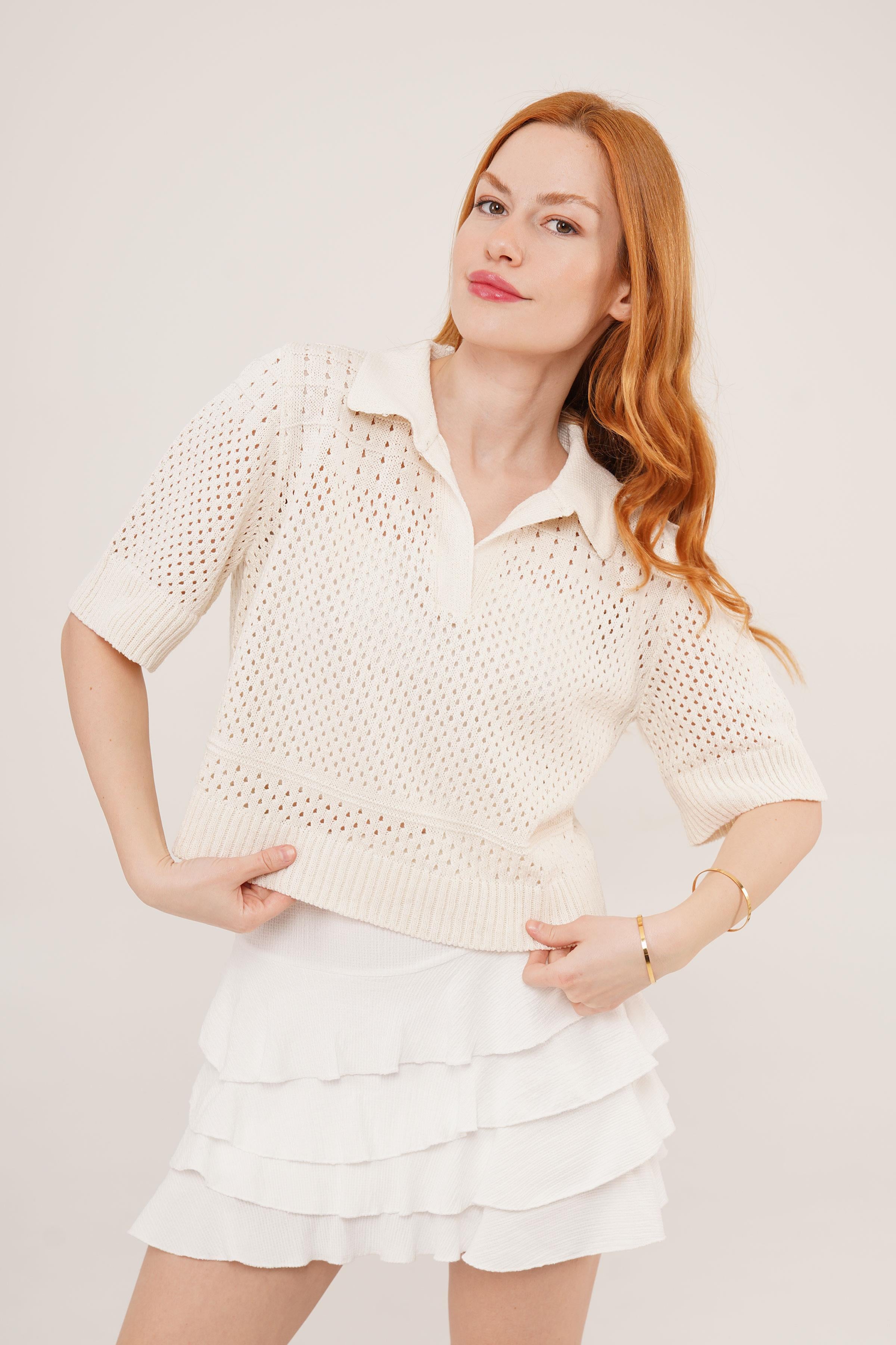 Polo Yaka Ajurlu Ekru Toptan Bluz