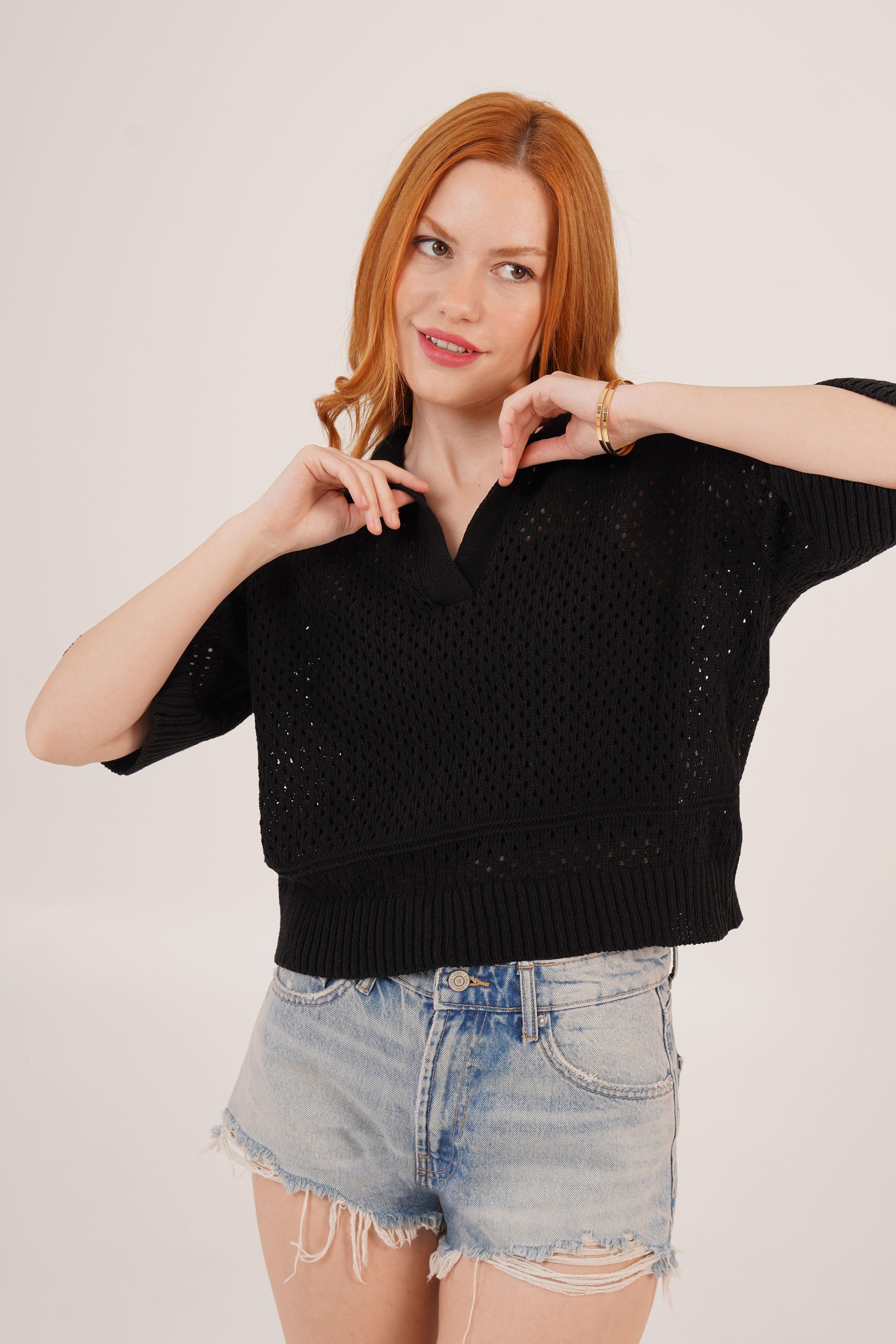 Polo Yaka Ajurlu Siyah Toptan Bluz Ekru STD