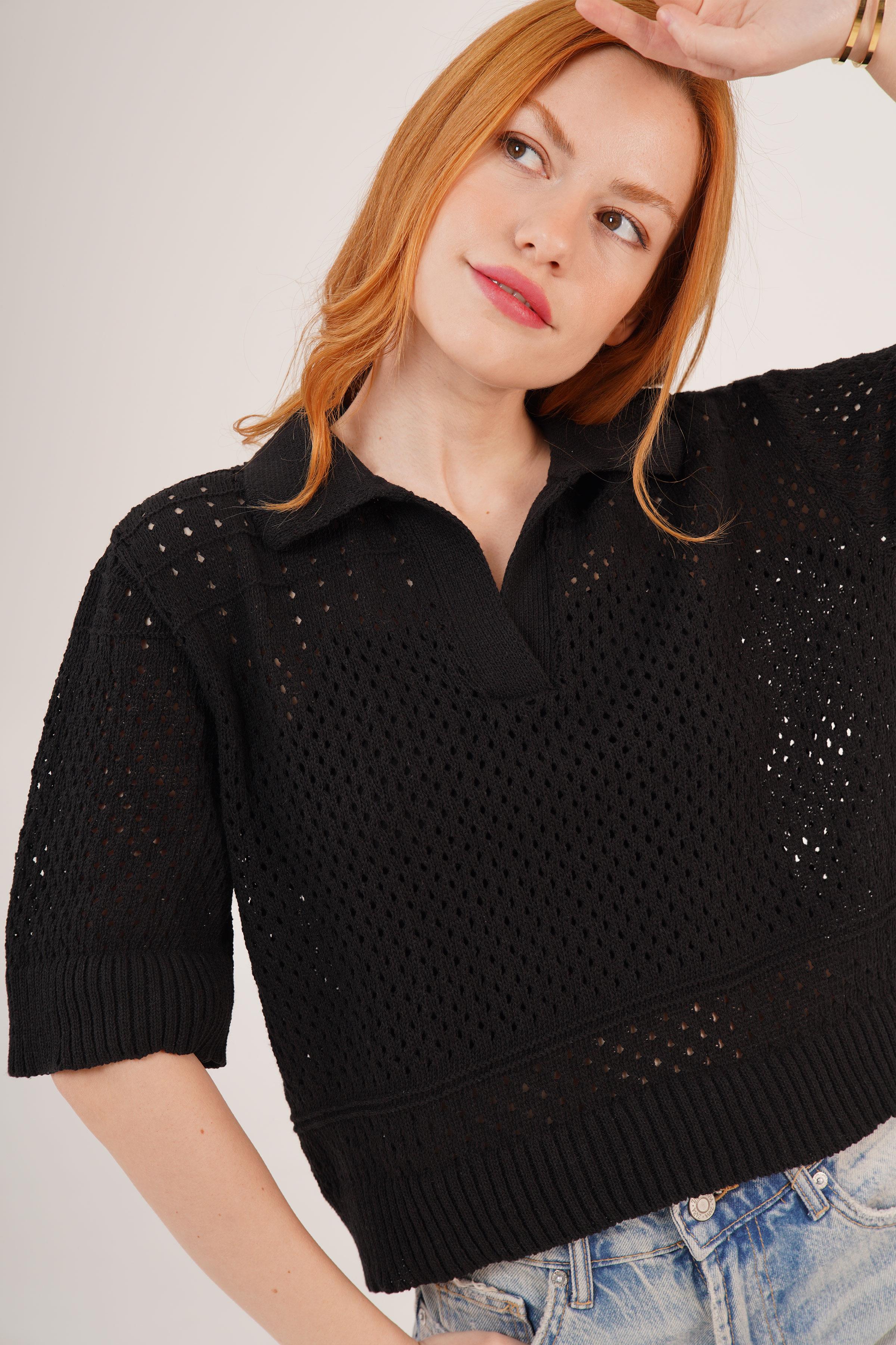 Polo Yaka Ajurlu Siyah Toptan Bluz