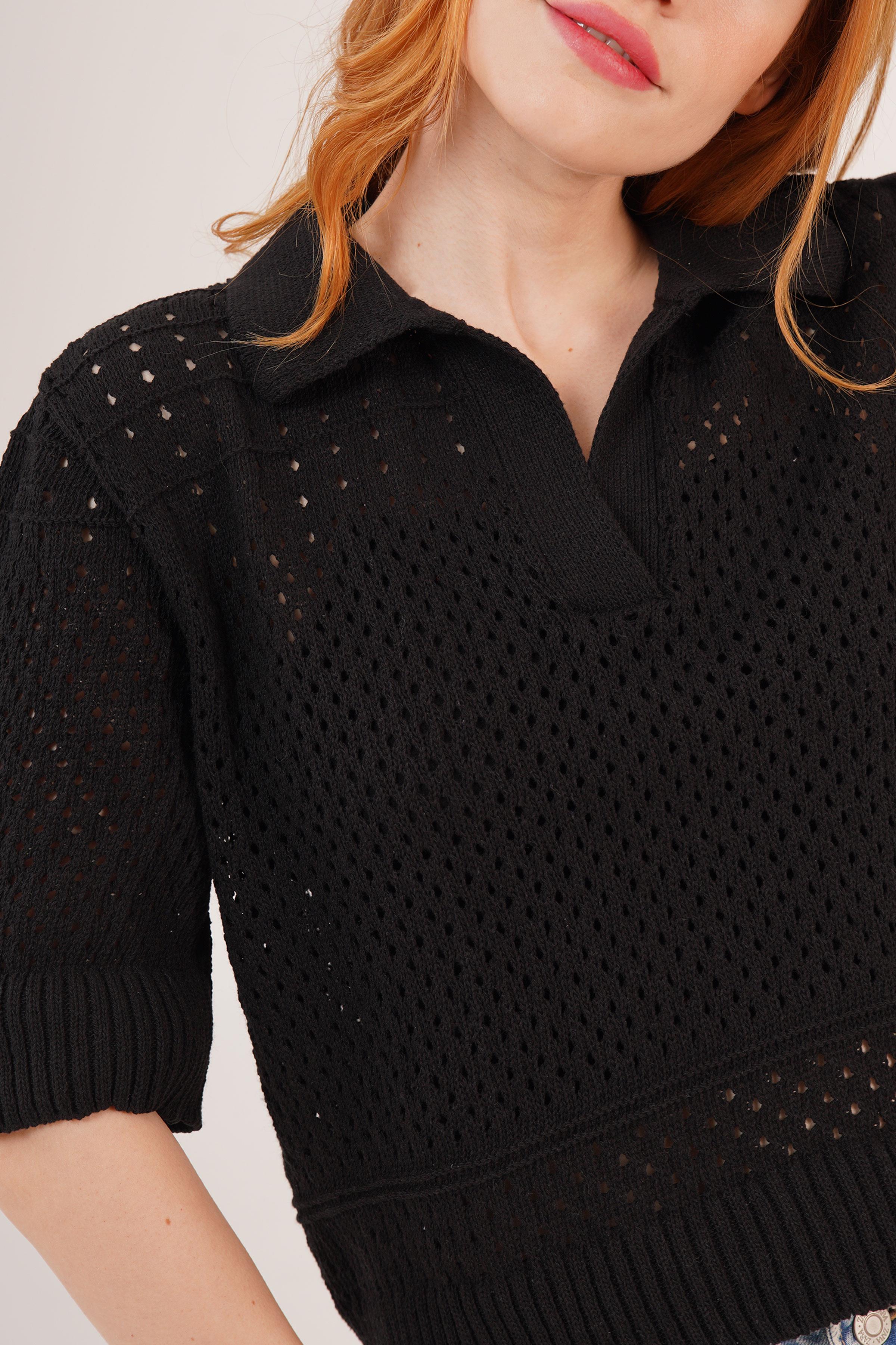 Polo Yaka Ajurlu Siyah Toptan Bluz