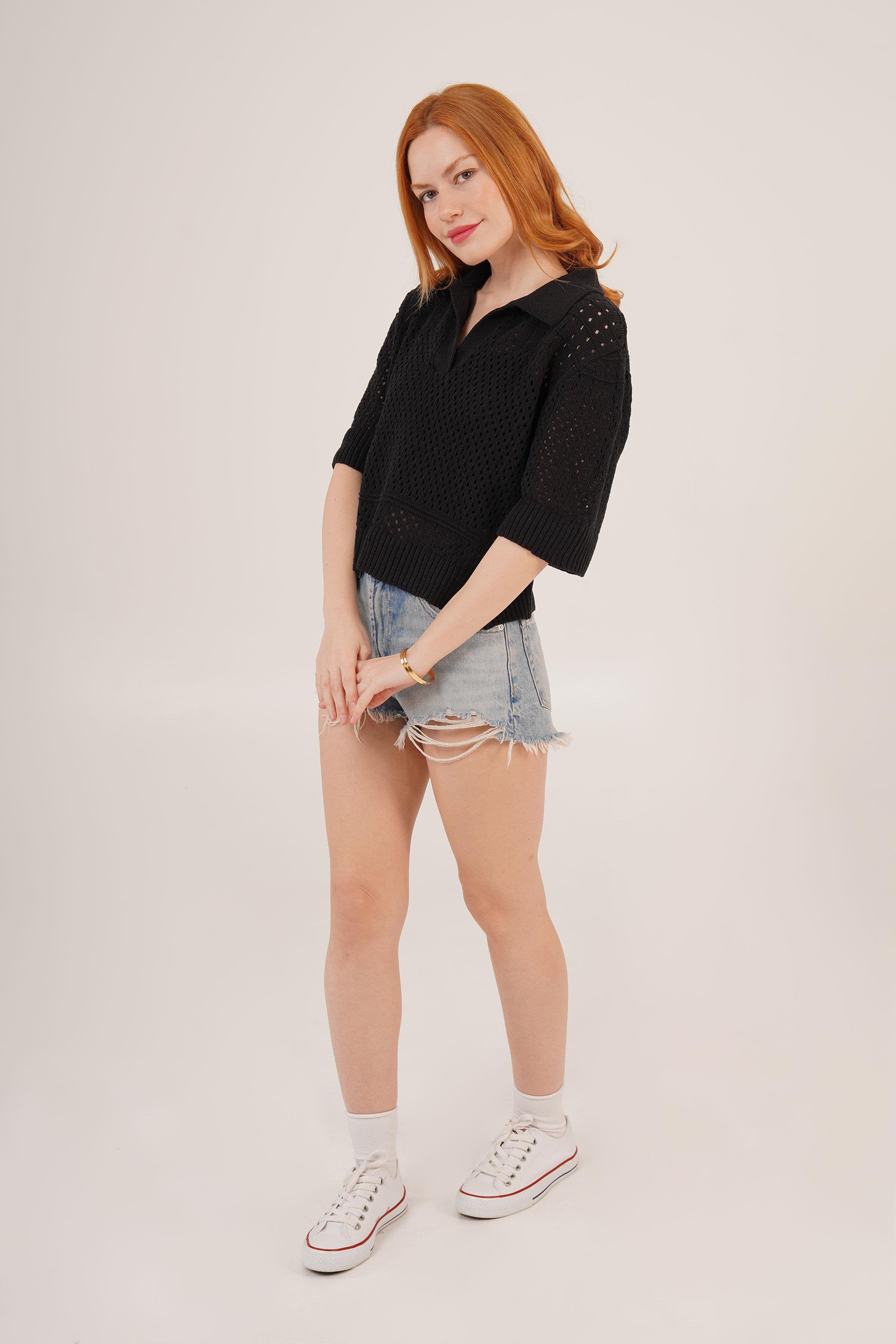 Polo Yaka Ajurlu Siyah Toptan Bluz