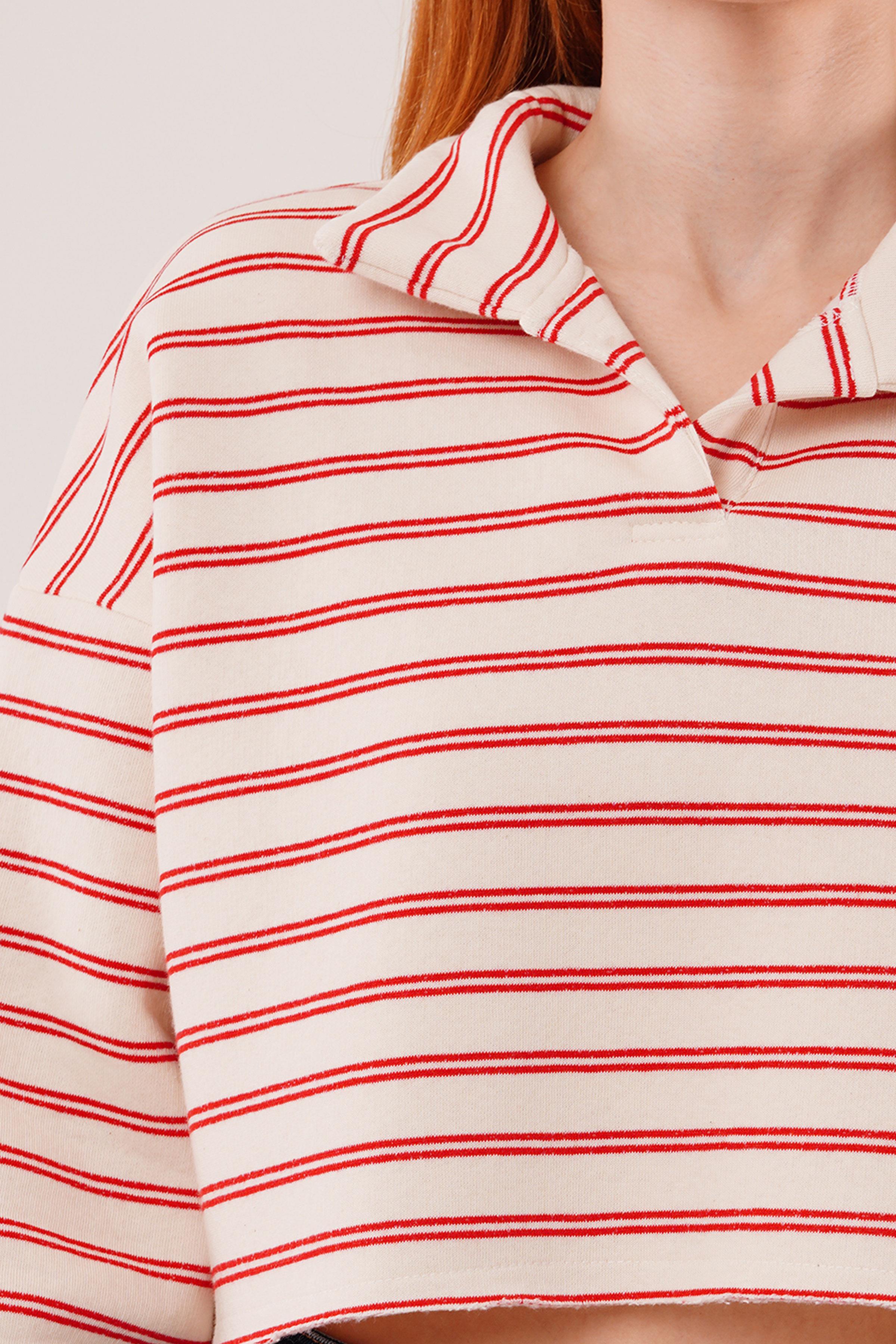 Polo Yaka Kırmızı Çizgili Toptan Crop Sweatshirt
