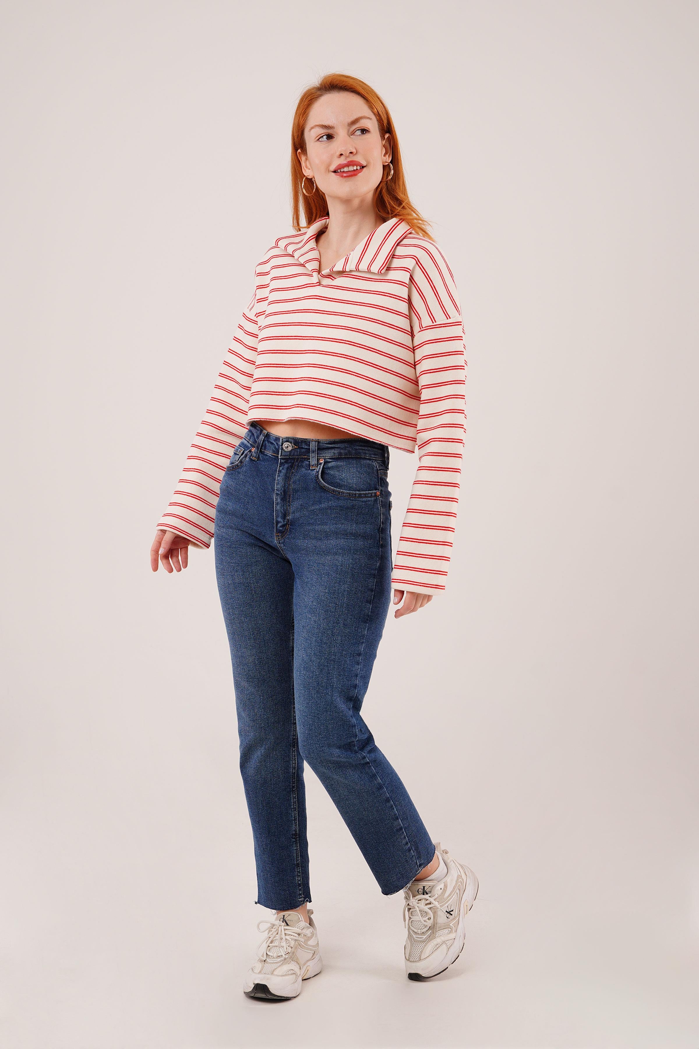 Polo Yaka Kırmızı Çizgili Toptan Crop Sweatshirt