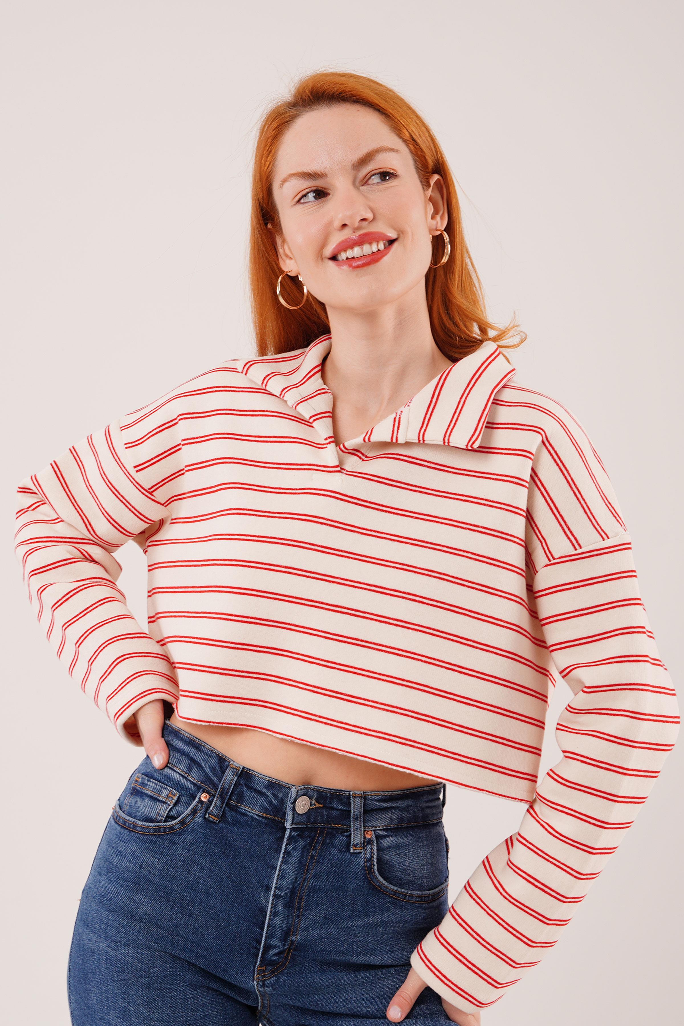 Polo Yaka Kırmızı Çizgili Toptan Crop Sweatshirt Kırmızı S
