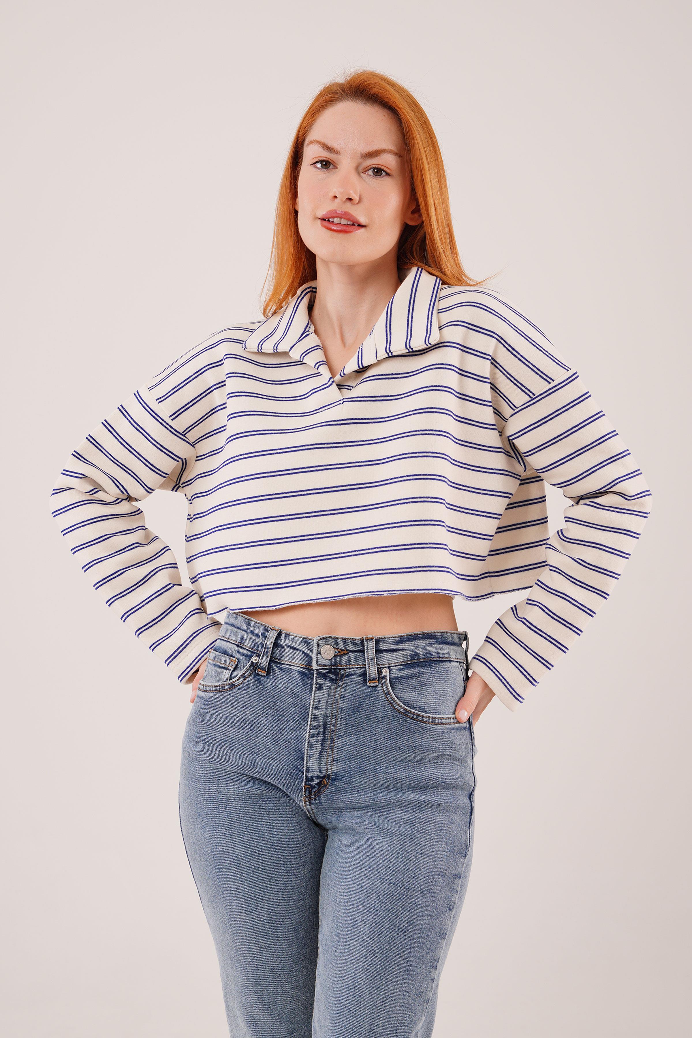 Polo Yaka Lacivert Çizgili Toptan Crop Sweatshirt