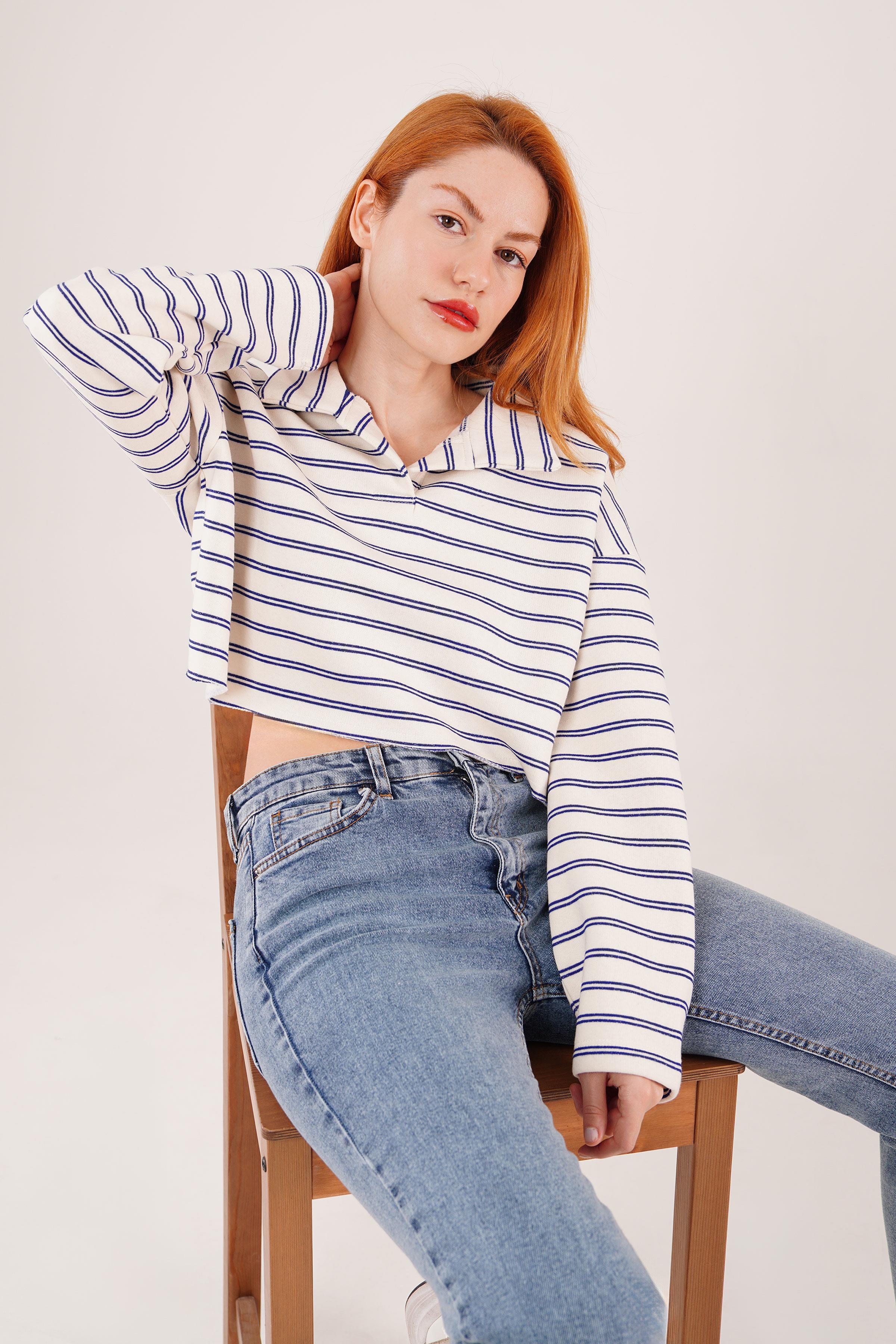 Polo Yaka Lacivert Çizgili Toptan Crop Sweatshirt Lacivert S