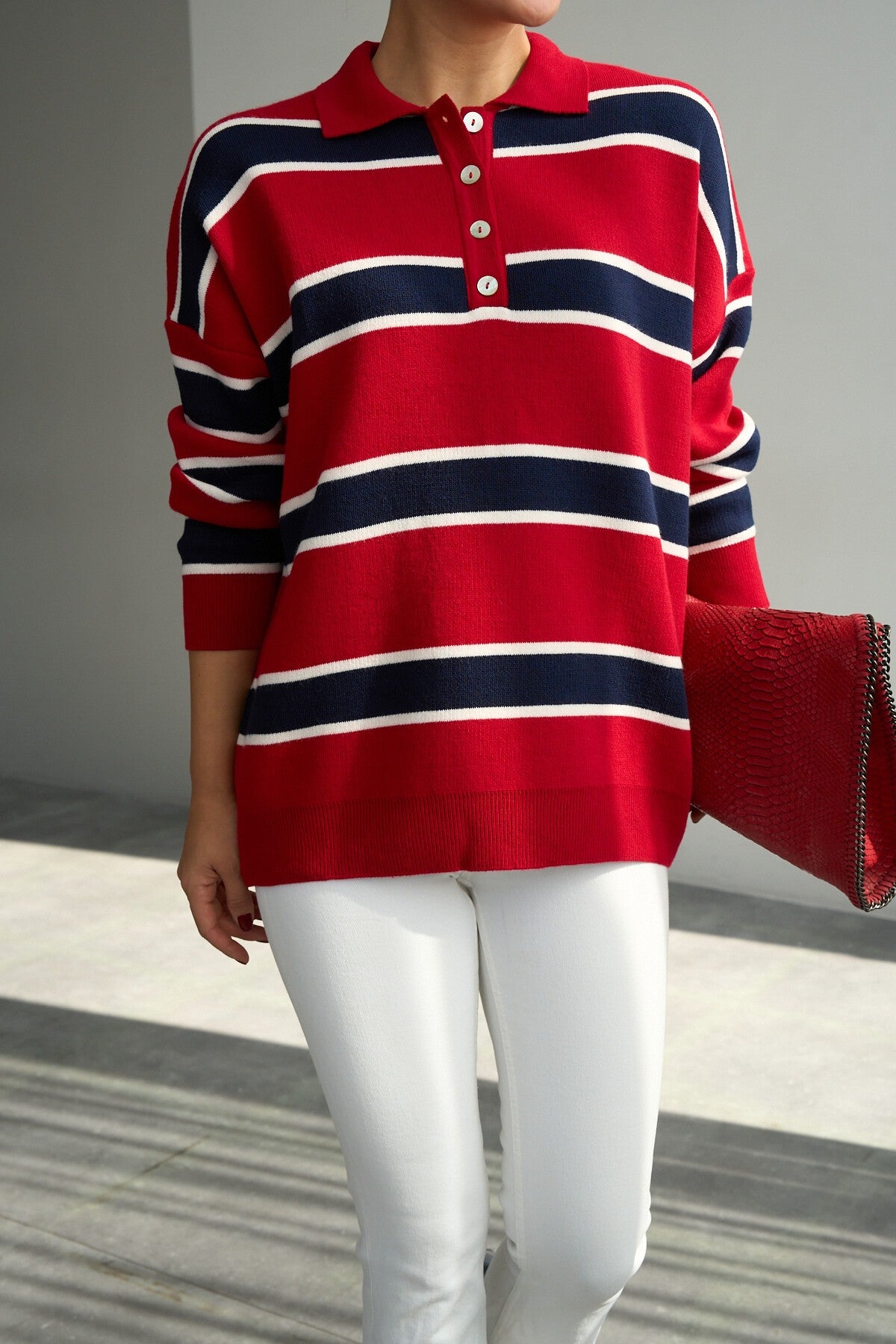 Red-Navy Blue Striped Polo Neck Sweater