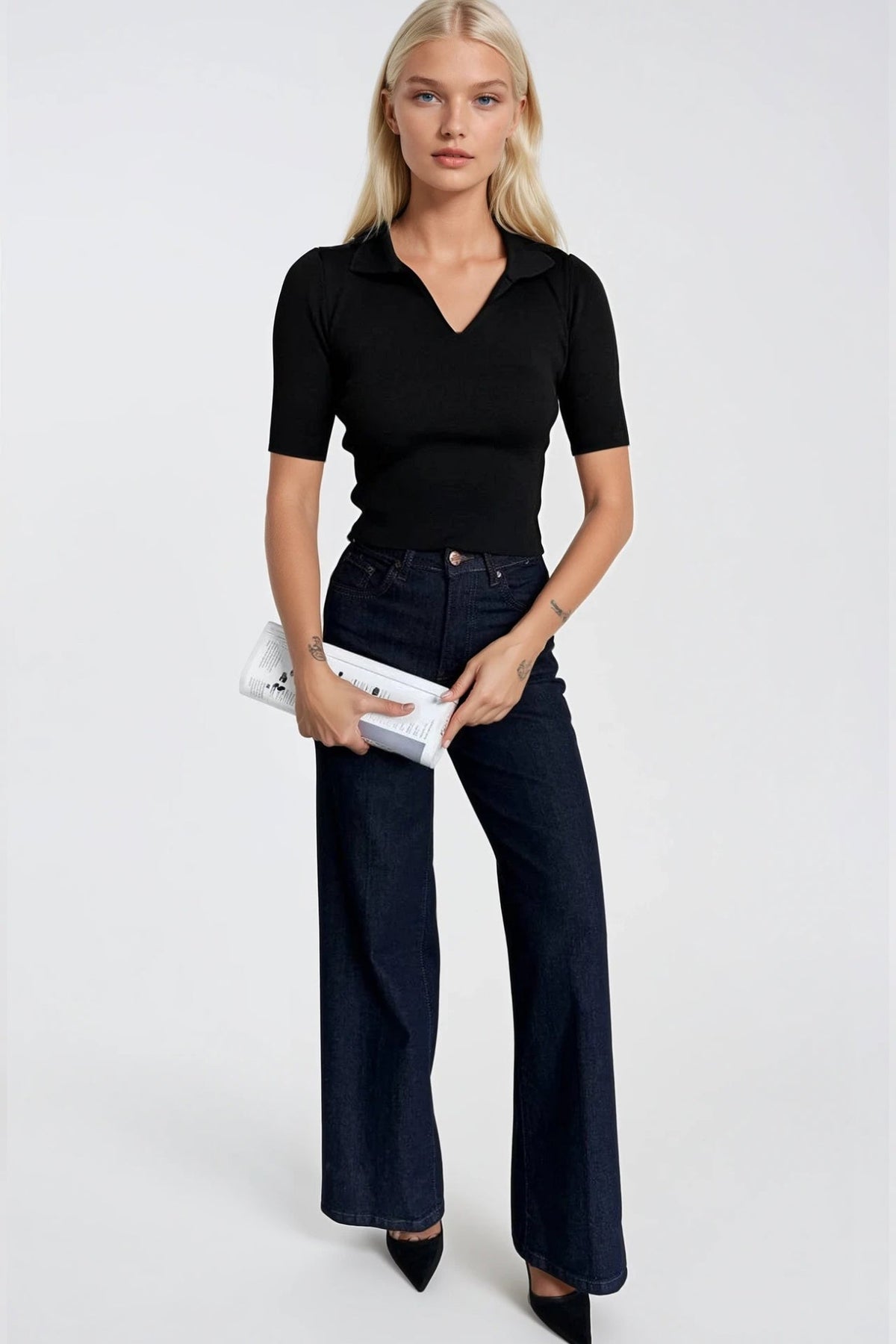 Polo Yaka Triko Crop Bluz - Beyaz