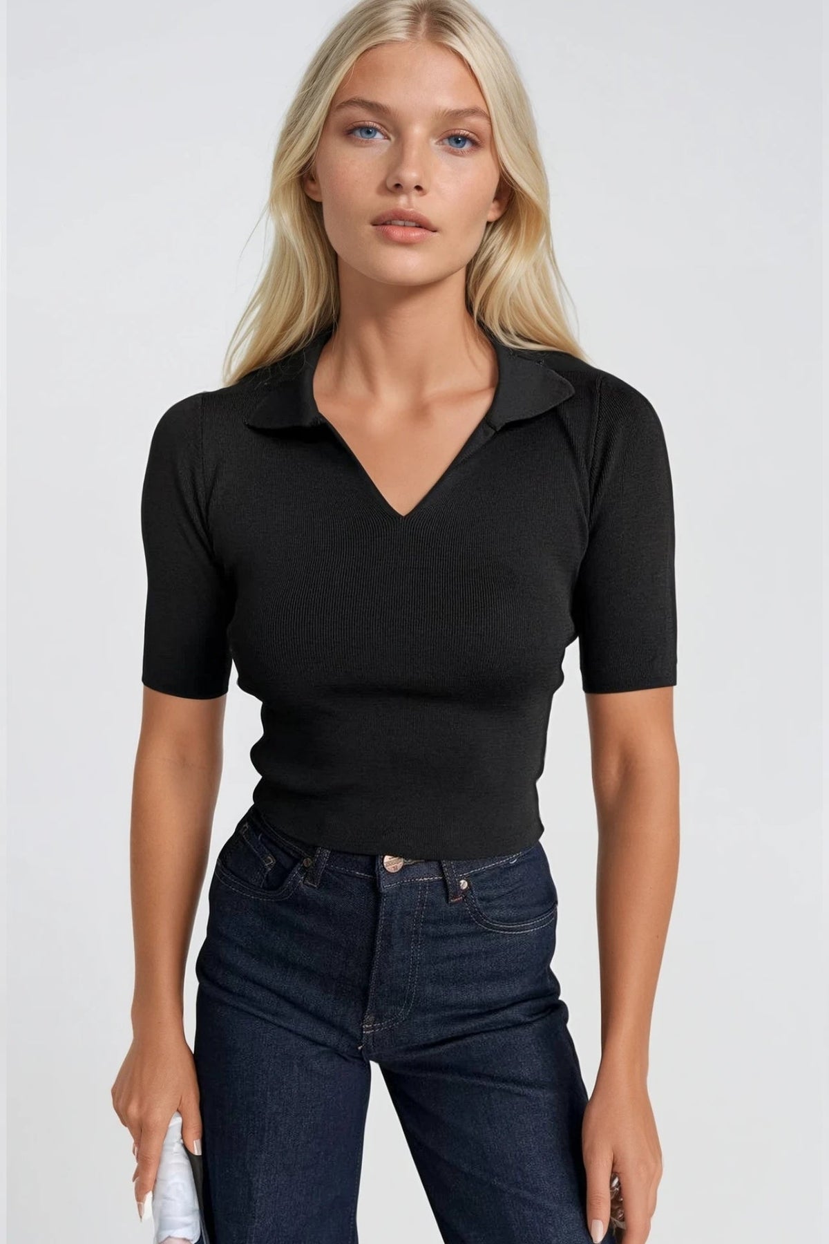Polo Yaka Triko Crop Bluz - Beyaz