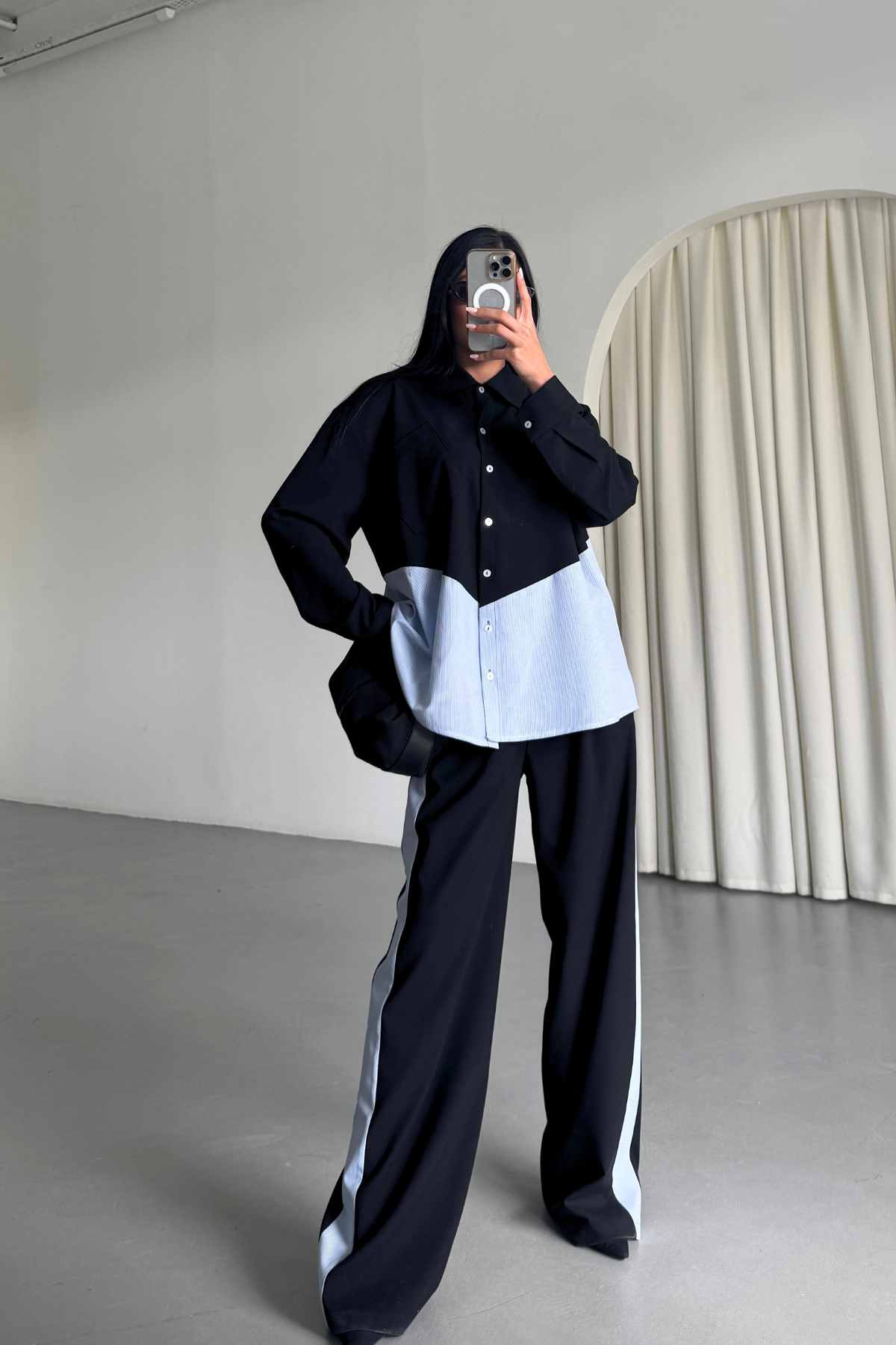 POLYVİSKON - POPLİN PARÇALI GÖMLEK PANTOLON TAKIM - Siyah