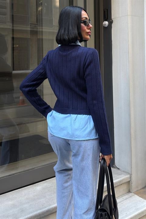 Poplin ve Denim Garnili Triko Kazak 1374