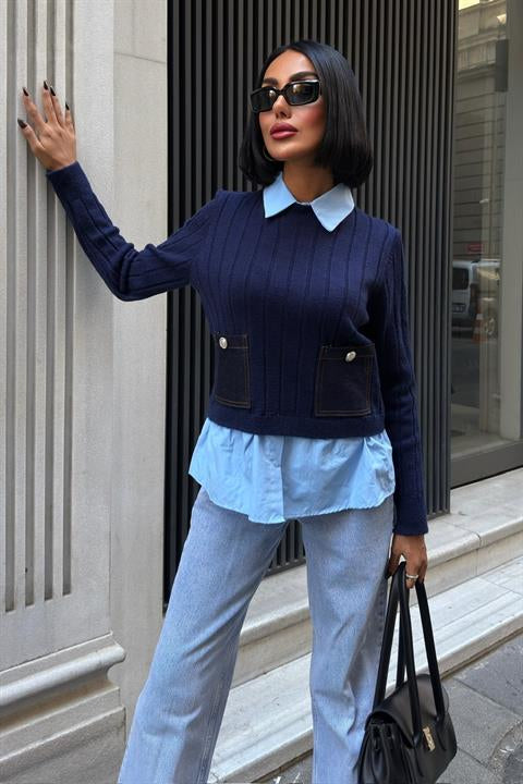 Poplin ve Denim Garnili Triko Kazak 1374