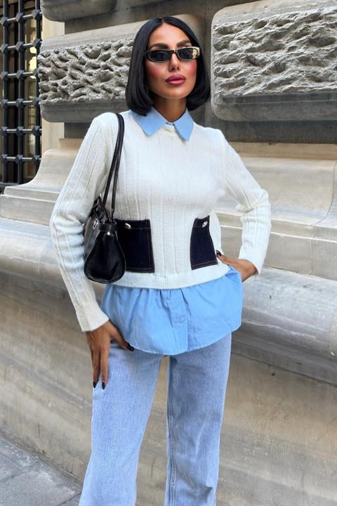 Poplin ve Denim Garnili Triko Kazak 1374 EKRU STD